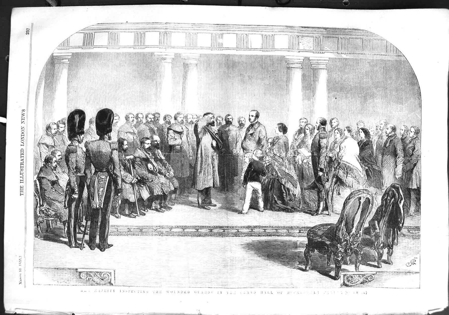 Old Antique Print 1855 Queen Wounded Guards Grand Hall Buckingham Palace 19th