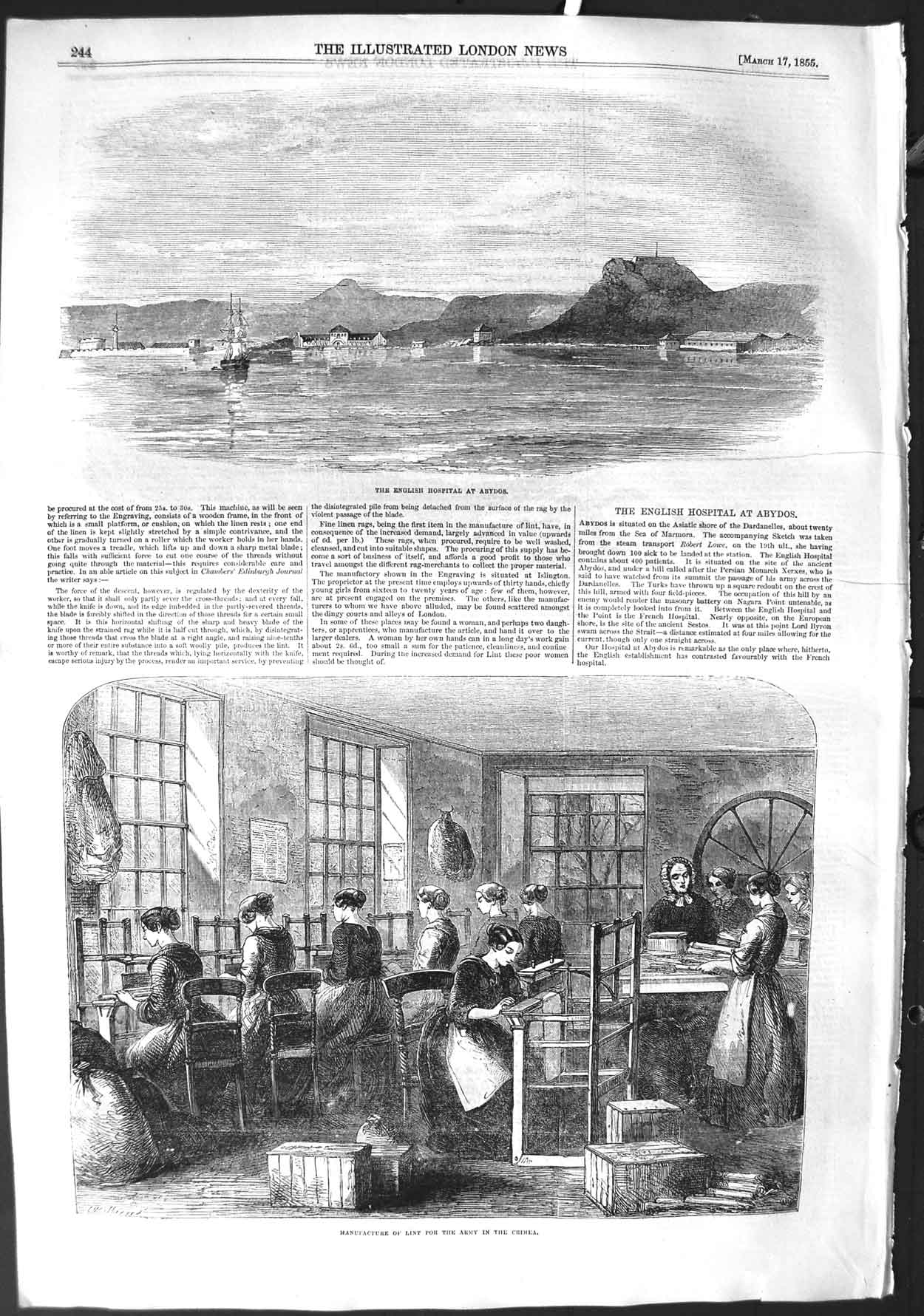 Antique Old Print *3189 1855 English Hospital Abydos Manufacture Lint Crimea