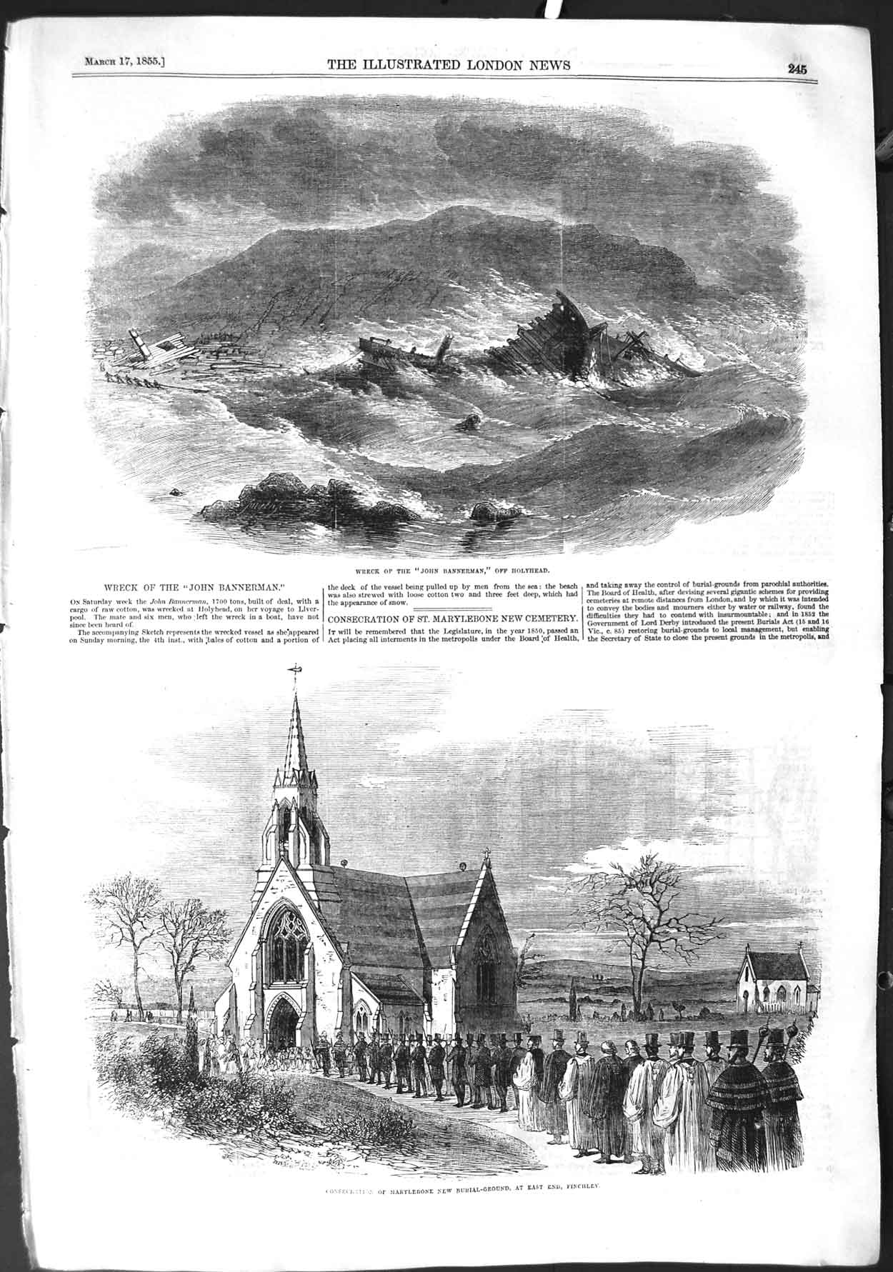 Old Antique Print 1855 Ship Wreck John Bannerman Holyhead Finchley Church 19th