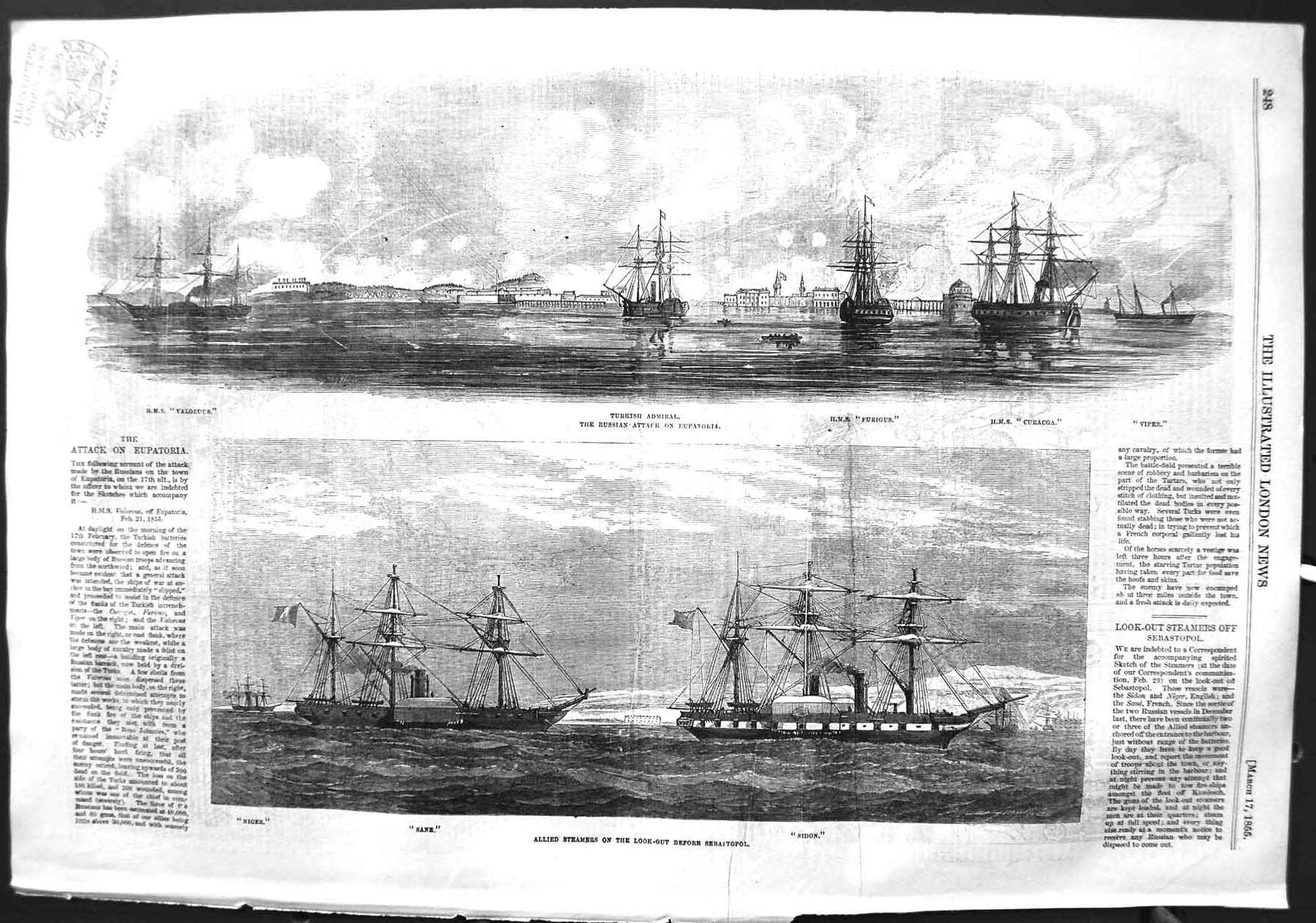 Old Antique Print 1855 Turkish Admiral Ships War Eupatoria Valorous Sidon 19th