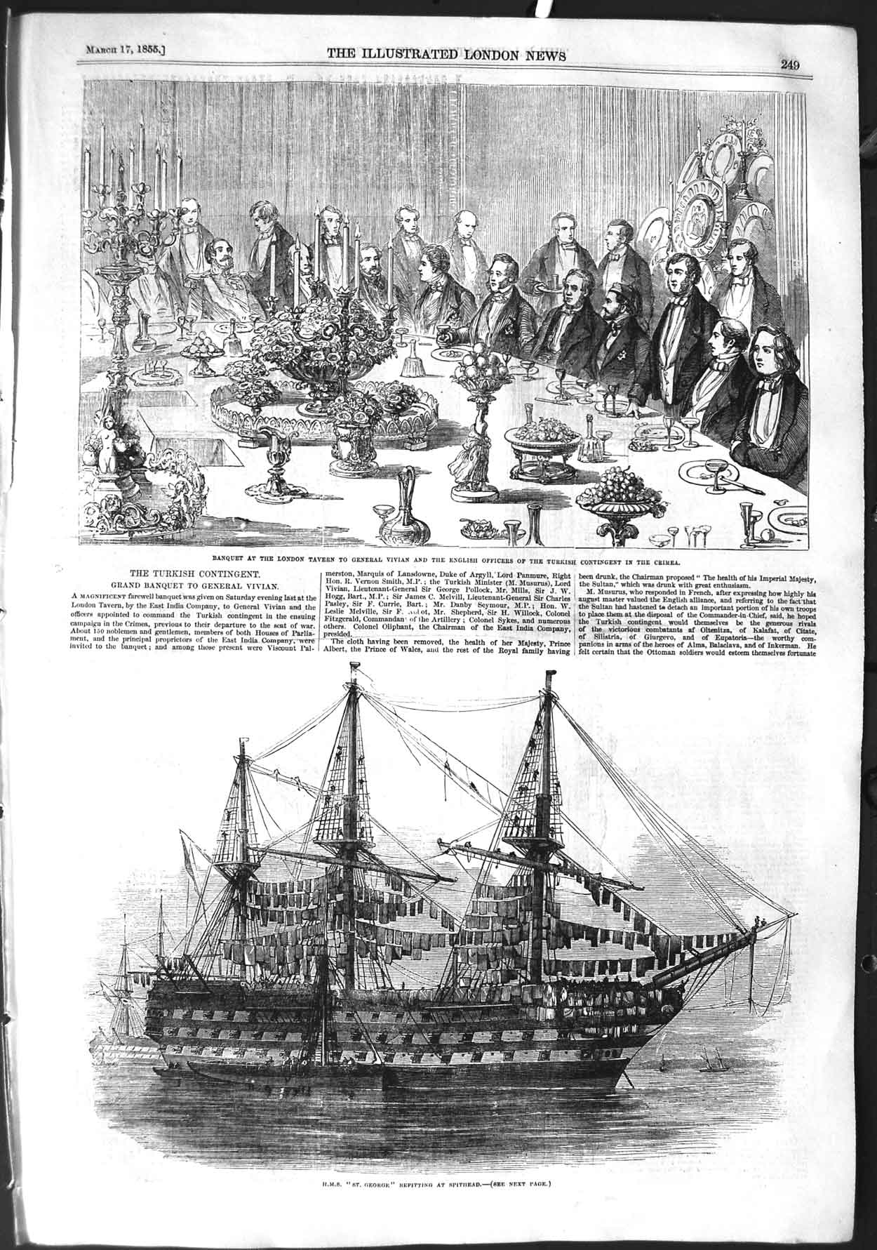 Old Antique Print 1855 War Ship H.M.S. St. George Spithead Vivian Crimea 19th
