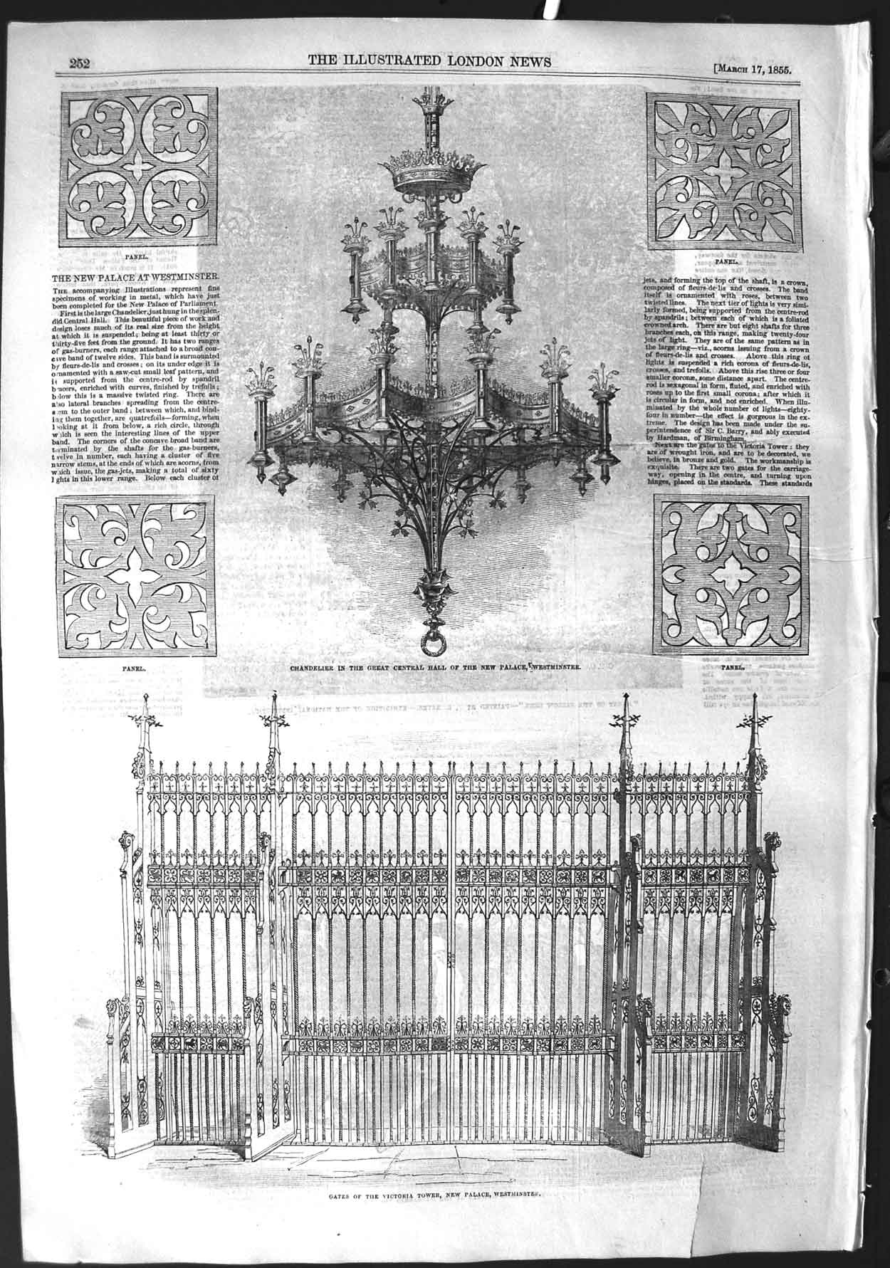 Old Antique Print 1855 Chandelier Hall Palace Westminster Gates Victoria 19th