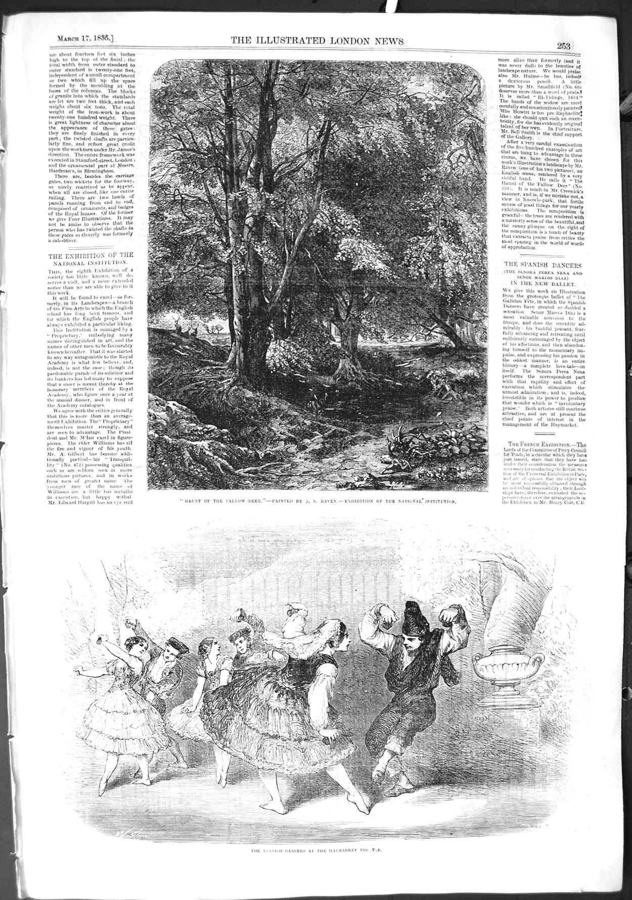 Original Old Antique Print 1855 Spanish Dancers Newmarket Theatre Fallow Deer