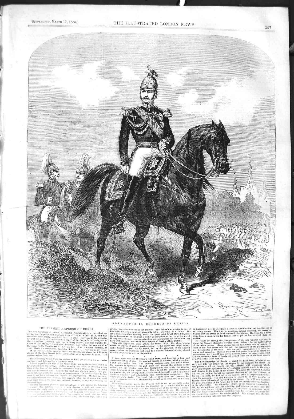 Original Old Antique Print 1855 Portrait Alexander Ii Emperor Russia Horse War