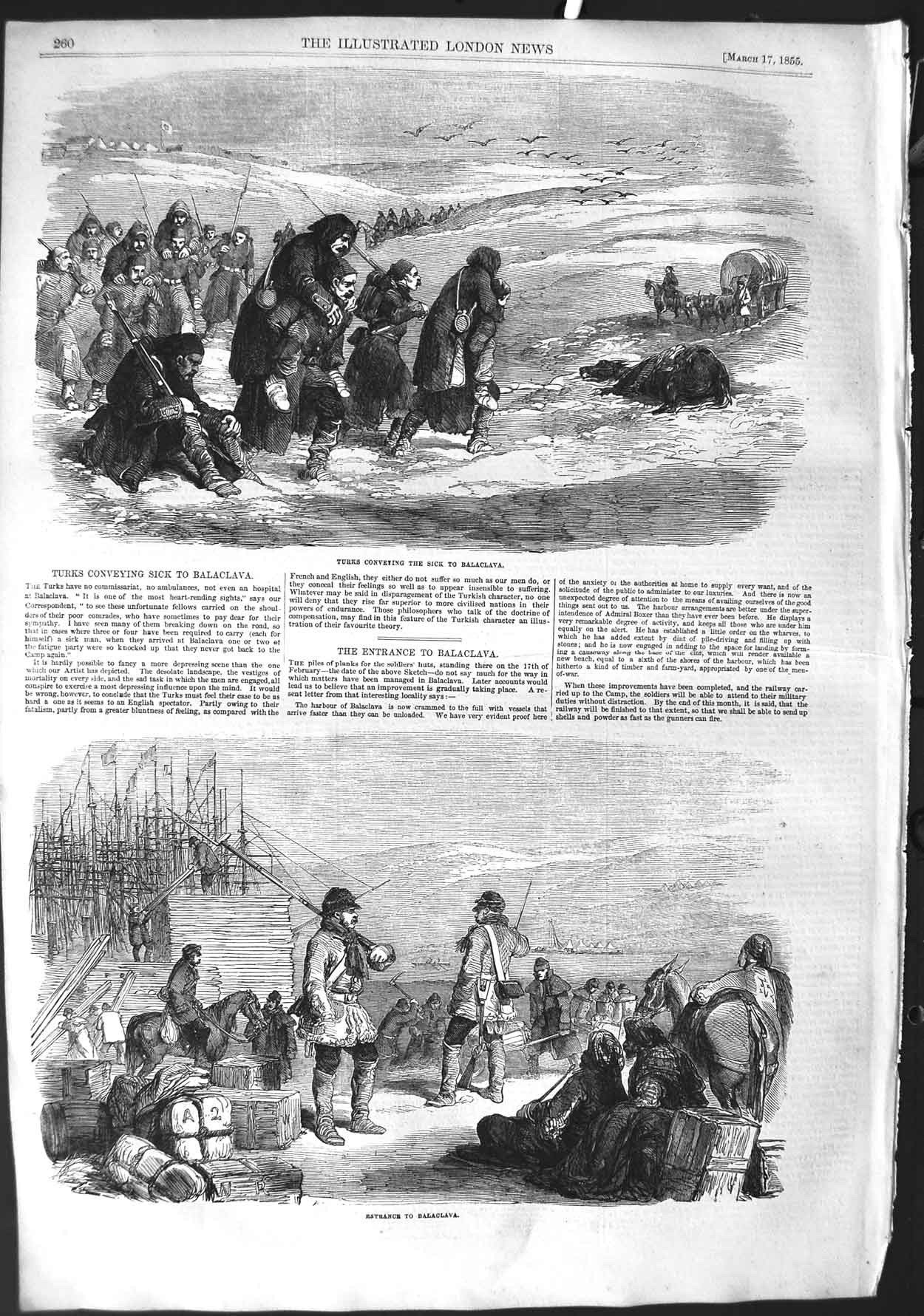 Original Old Antique Print 1855 War Scene Turks Conveying Sick Balaclava Siers