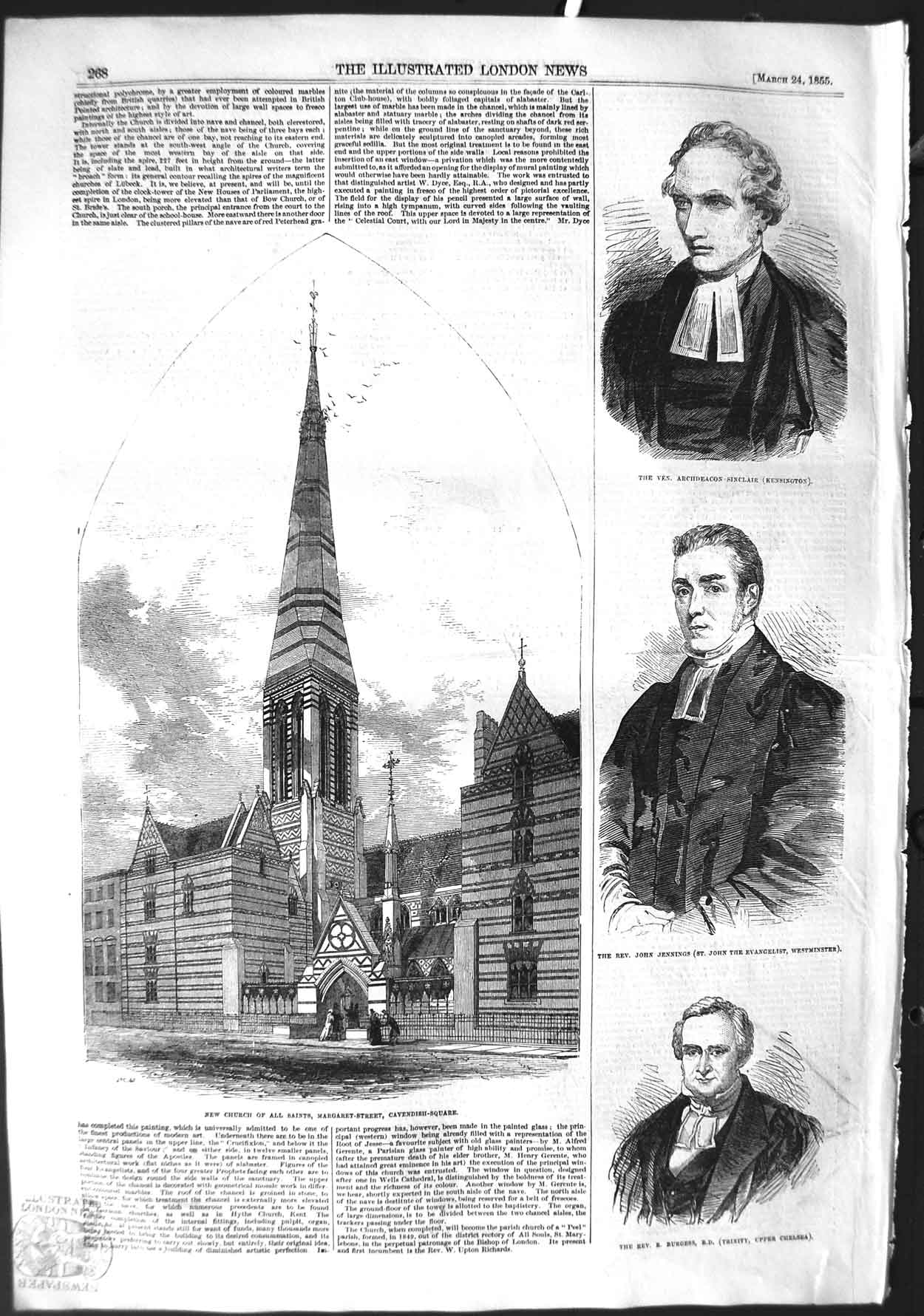 Old Antique Print 1855 Church Saints Cavendish Sinclair Jennings Burgess 19th