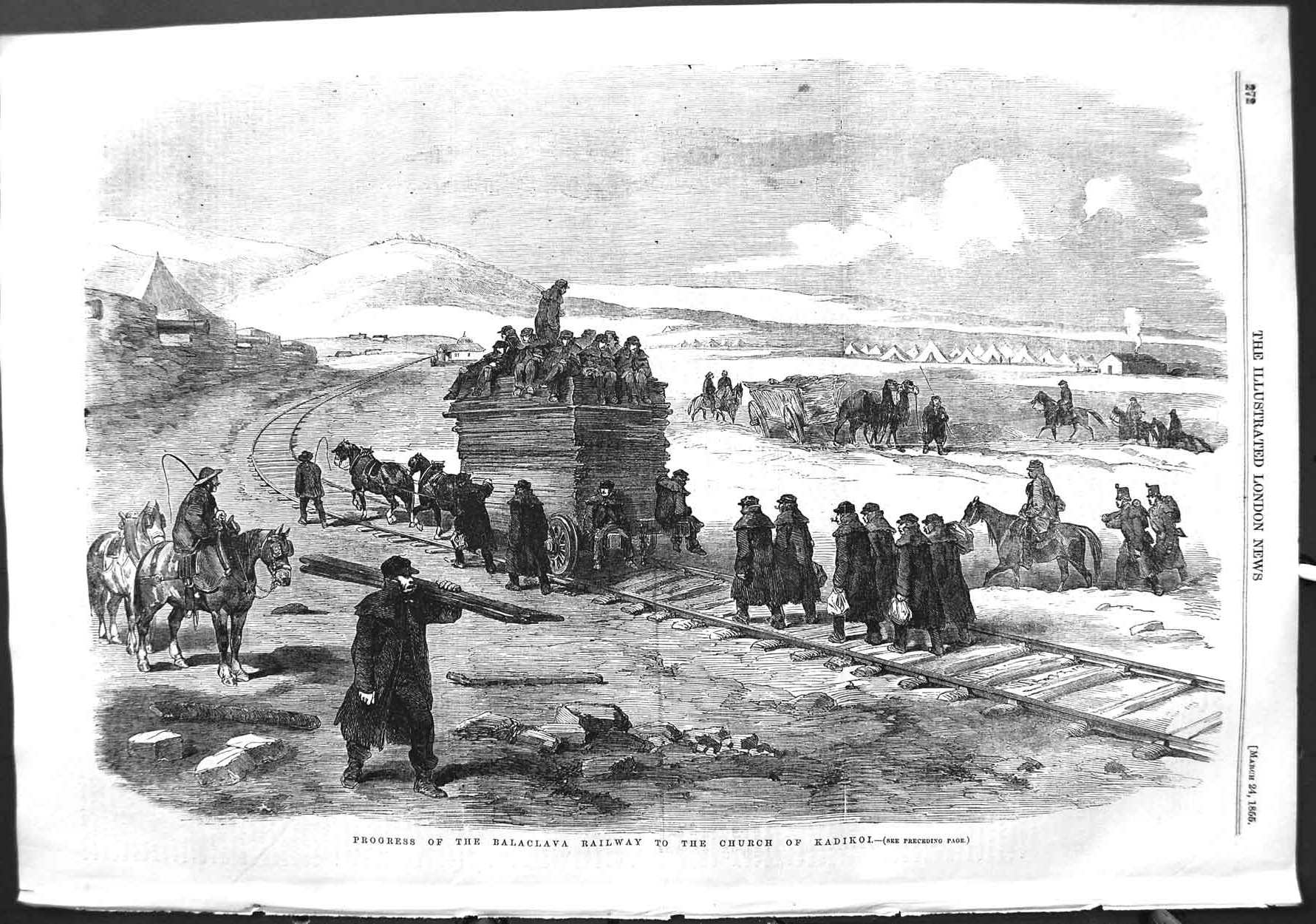 Original Old Antique Print 1855 Progress Balaclava Railway Church Kadikoi 19th
