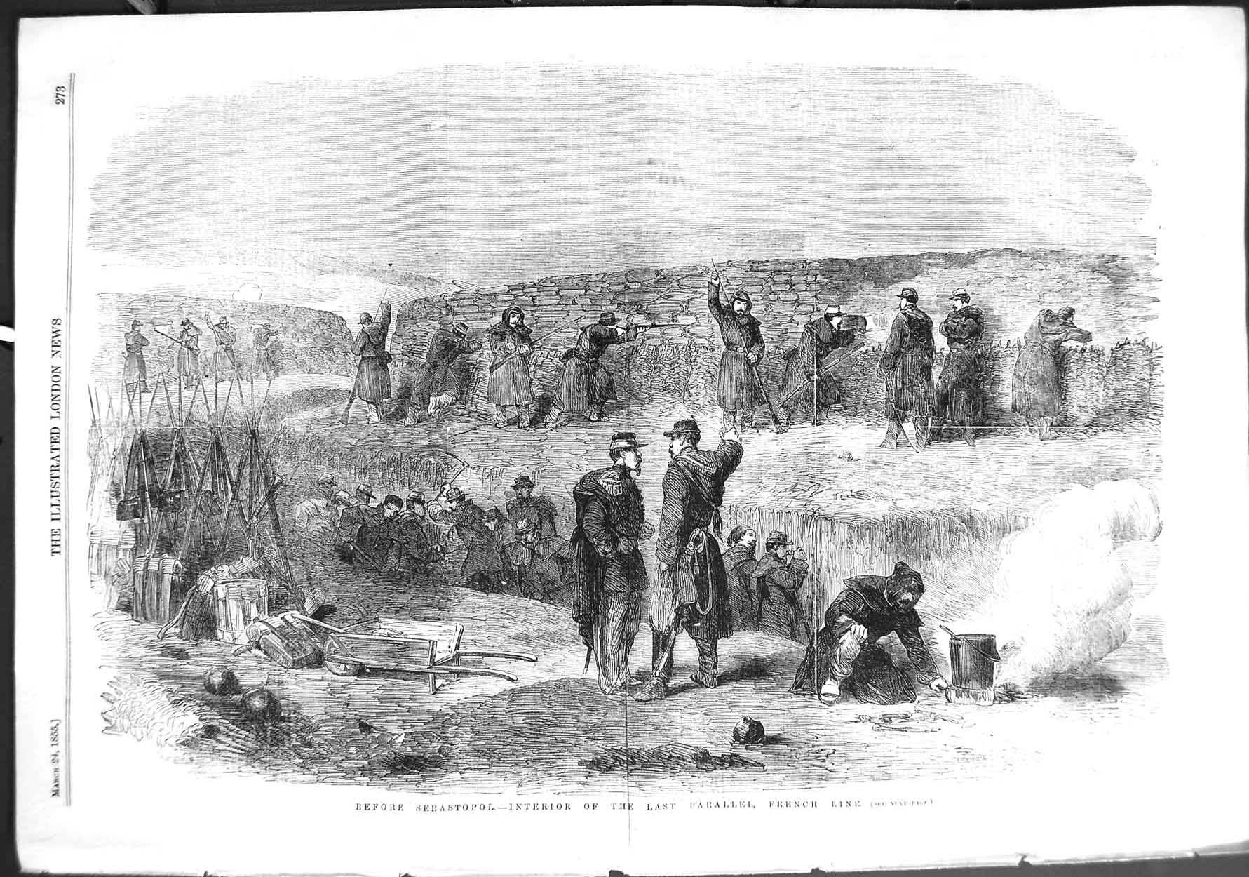 Original Old Antique Print 1855 War Sebastopol Last Parallel French Line Siers