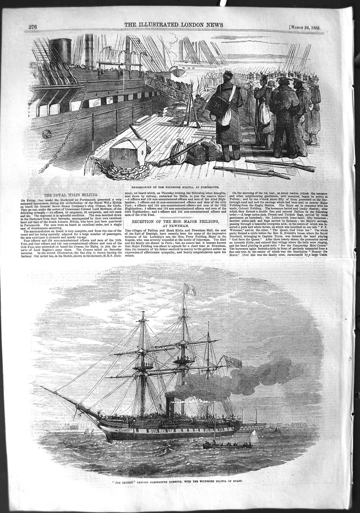 Original Old Antique Print 1855 Wiltshire Militia Portsmouth War Ship Victorian
