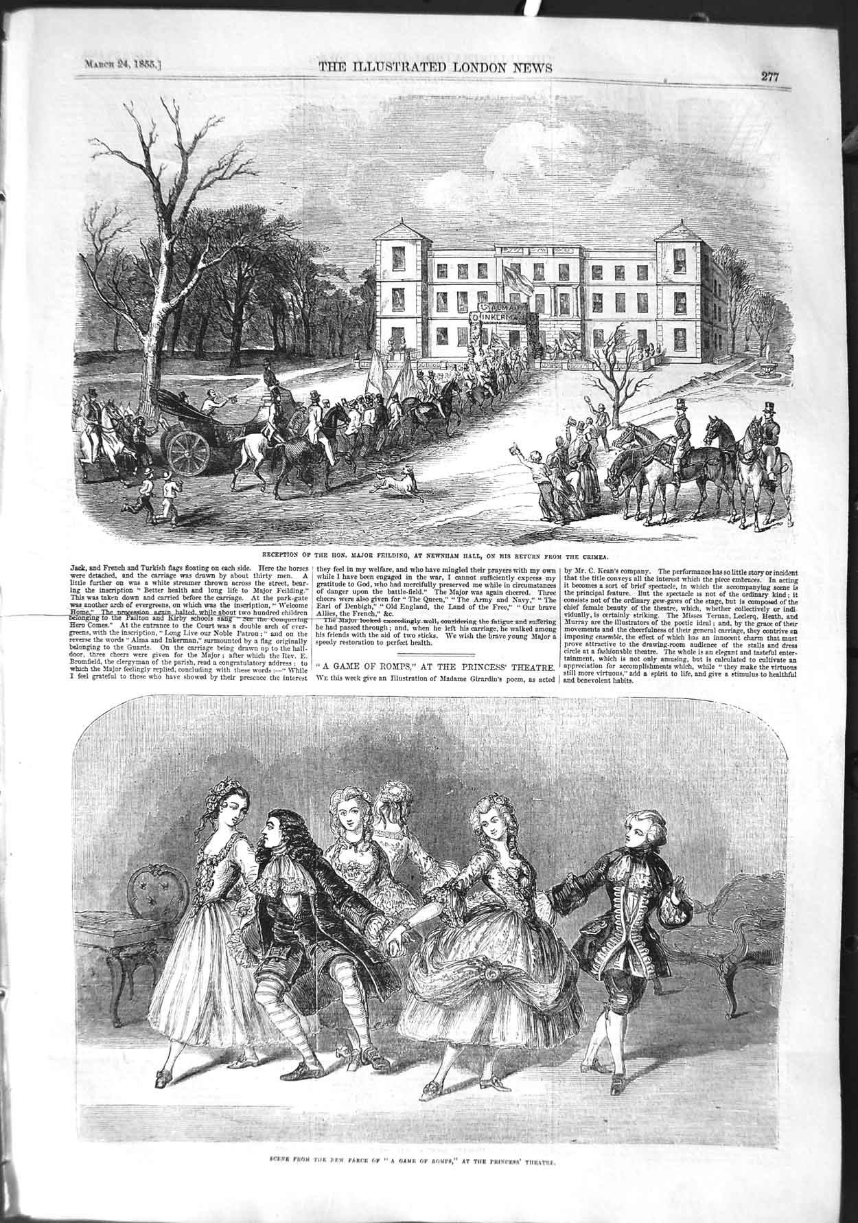Original Old Antique Print 1855 Major Fielding Newham Hall Game Romps Theatre