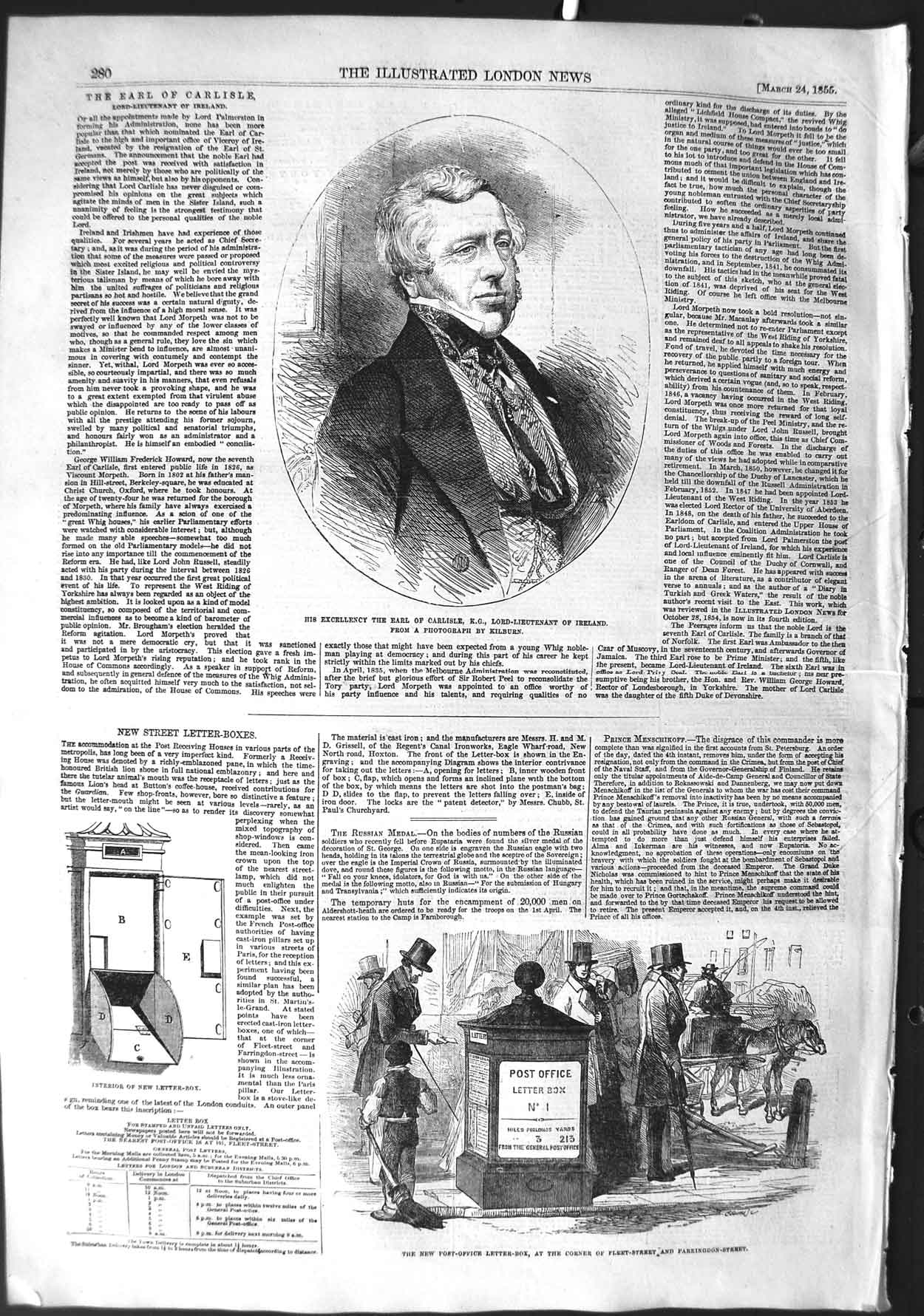 Original Old Antique Print 1855 Earl Carlisle Ireland Post-Office Letter Bo 19th
