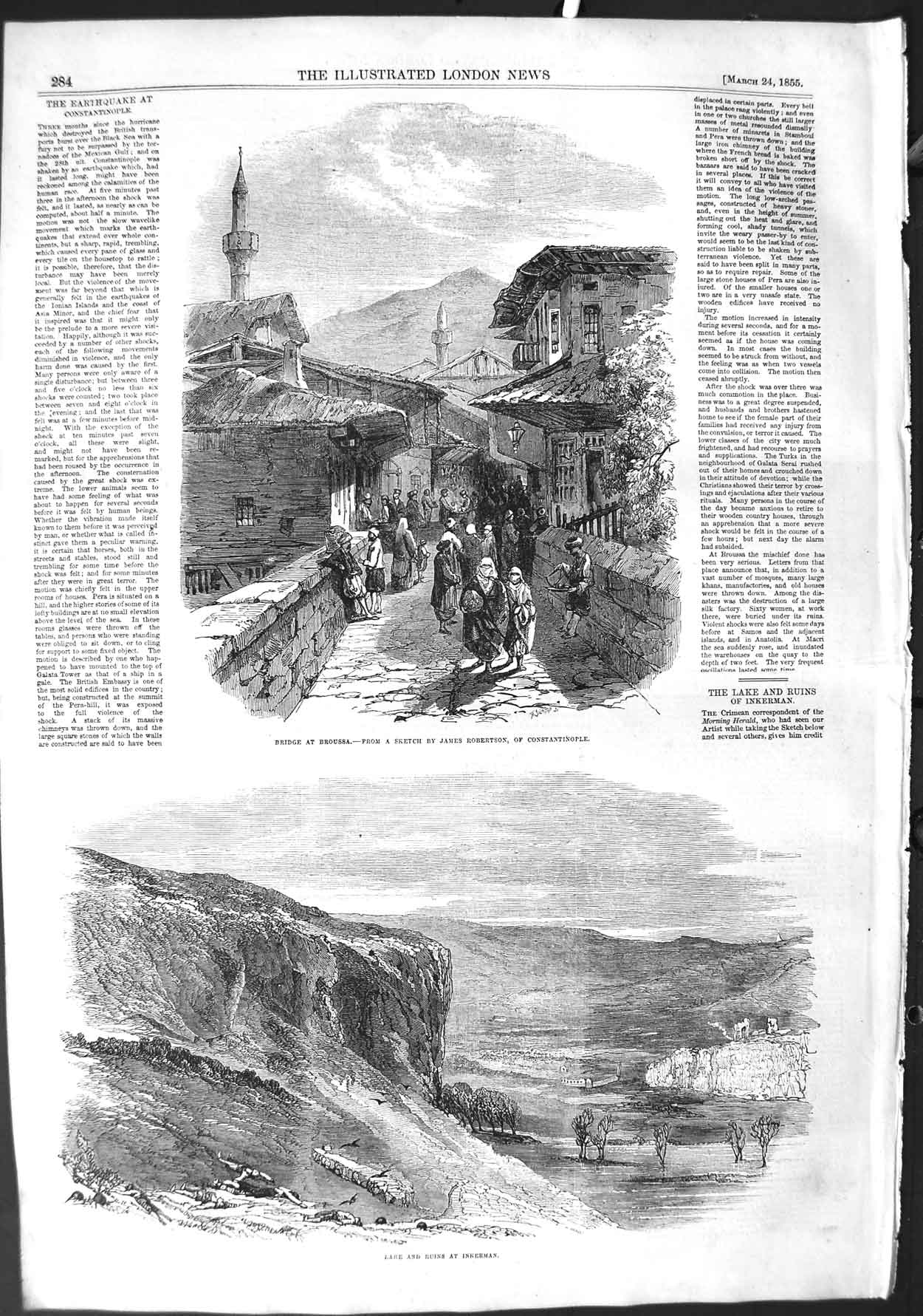 Old Antique Print 1855 Constatinople Bridge Broussa Lake Ruins Inkerman 19th