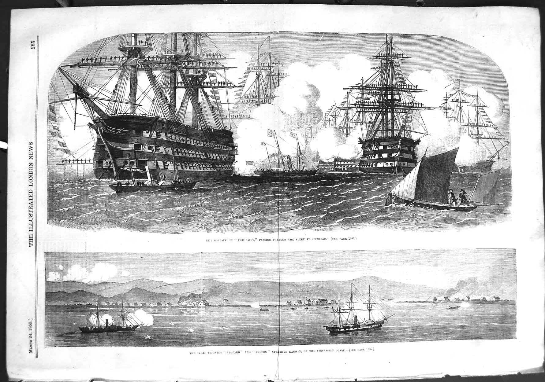 Original Old Antique Print 1855 Fairy War Ships Spithead Leopard Fulton Kauban