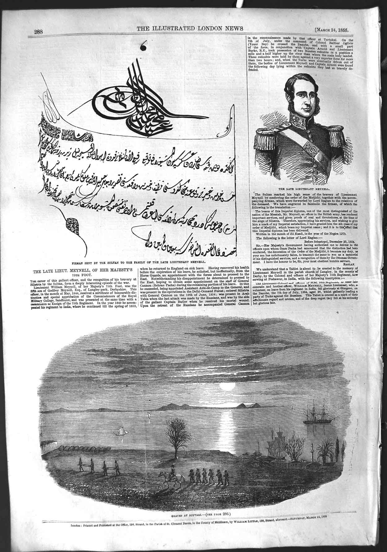 Original Old Antique Print 1855 War Graves Scutari Lieutenant Meynell Firman