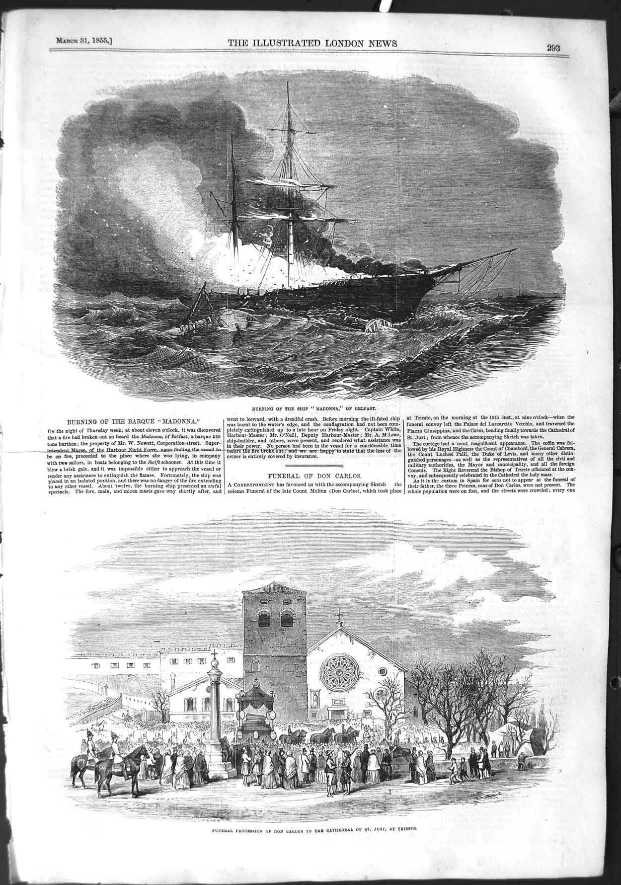 Old Antique Print 1855 Fire Ship Madonna Belfast Funeral Don Carlos Just 19th