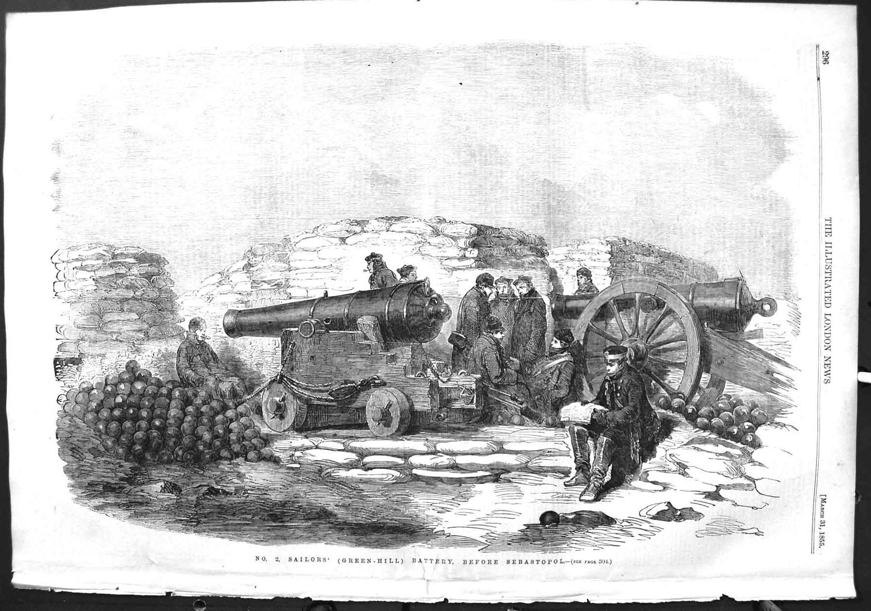 Original Old Antique Print 1855 Sailors Green Hill Battery Sebastopol Canon War