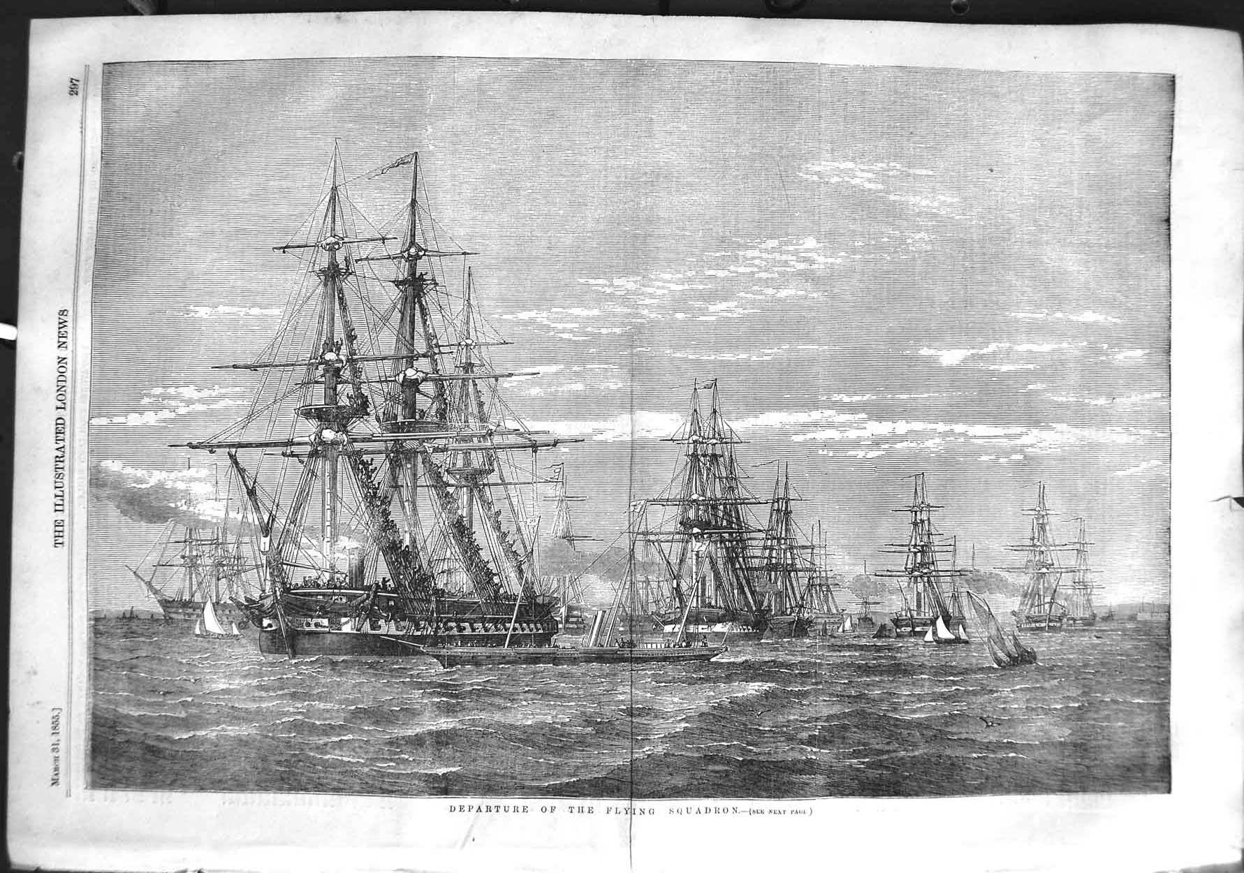 Original Old Antique Print 1855 War Ships Scene Departure Flying Squadron 19th