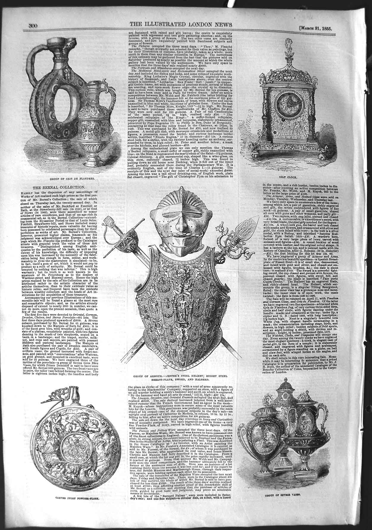 Original Old Antique Print 1855 Armour Jester'S Helmet Gilt Clock Vases Bernal
