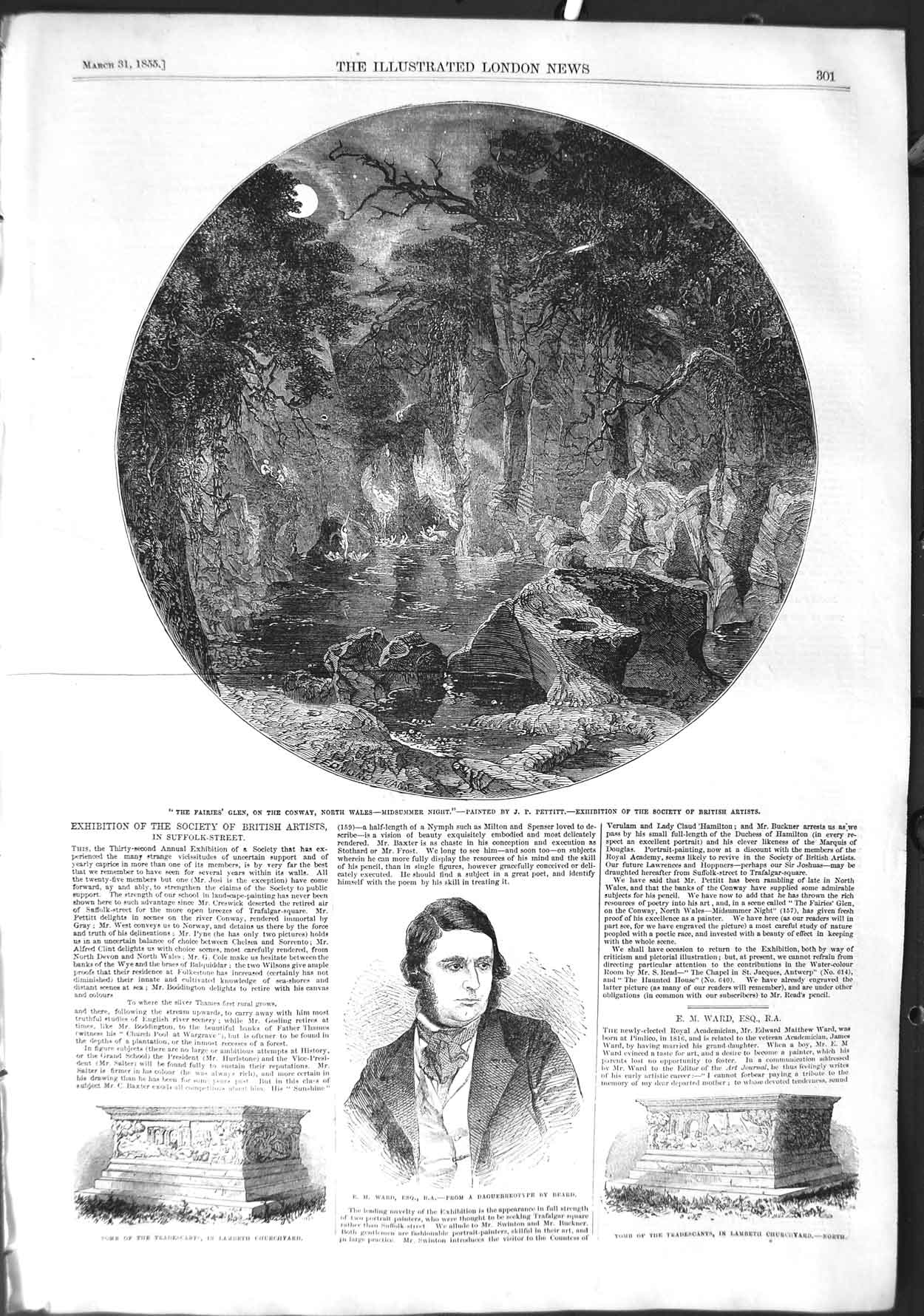 Old Antique Print 1855 Fairies Glen Wales Ward Tomb Tradescants Lambeth 19th