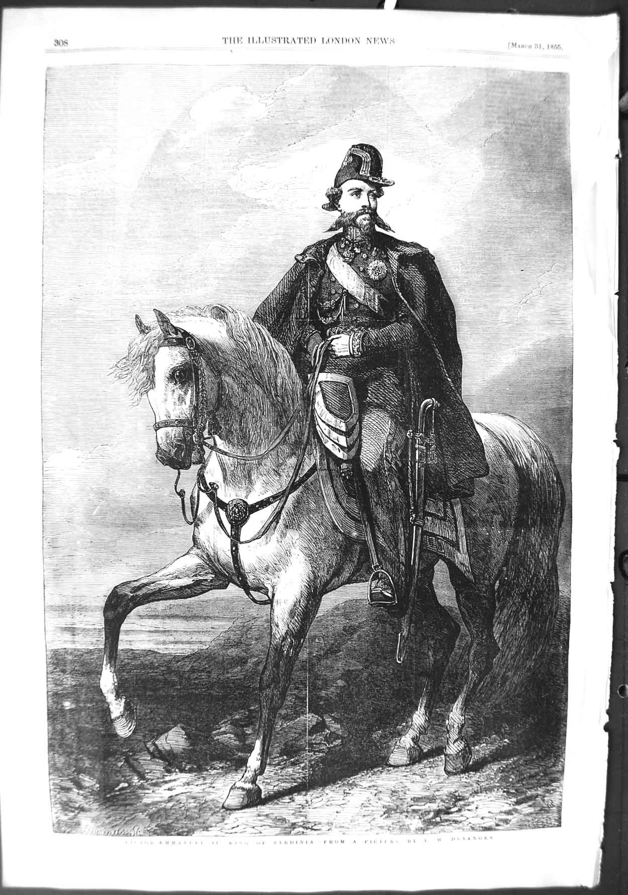 Original Old Antique Print 1855 King Sardinia Victor-Emmanuel Horse P Victorian