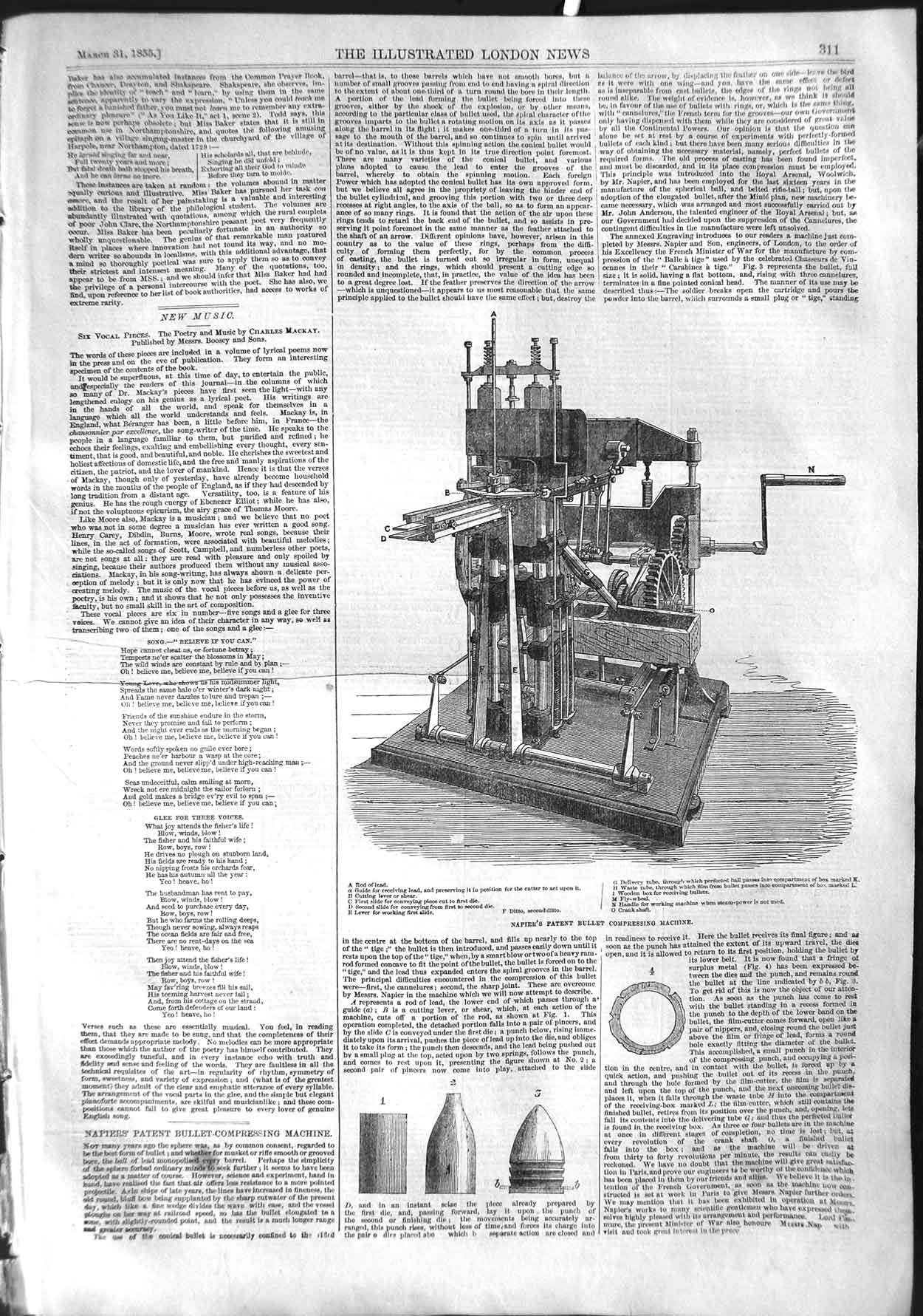 Original Old Antique Print 1855 Napier'S Patent Bullet Compressing Machine 19th