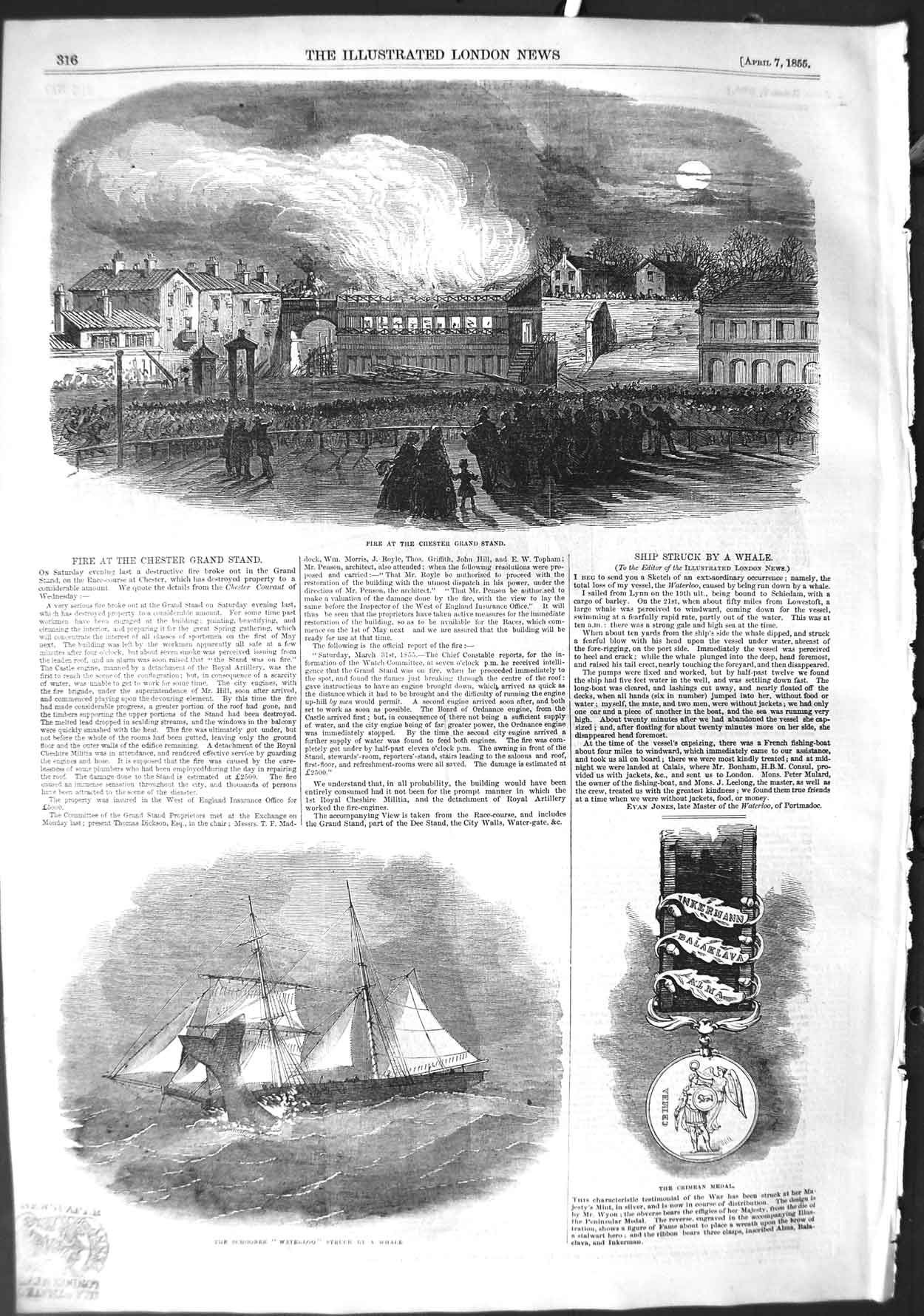 Antique Old Print *3188 1855 Fire Chester Grand Stand Schooner Ship Waterloo