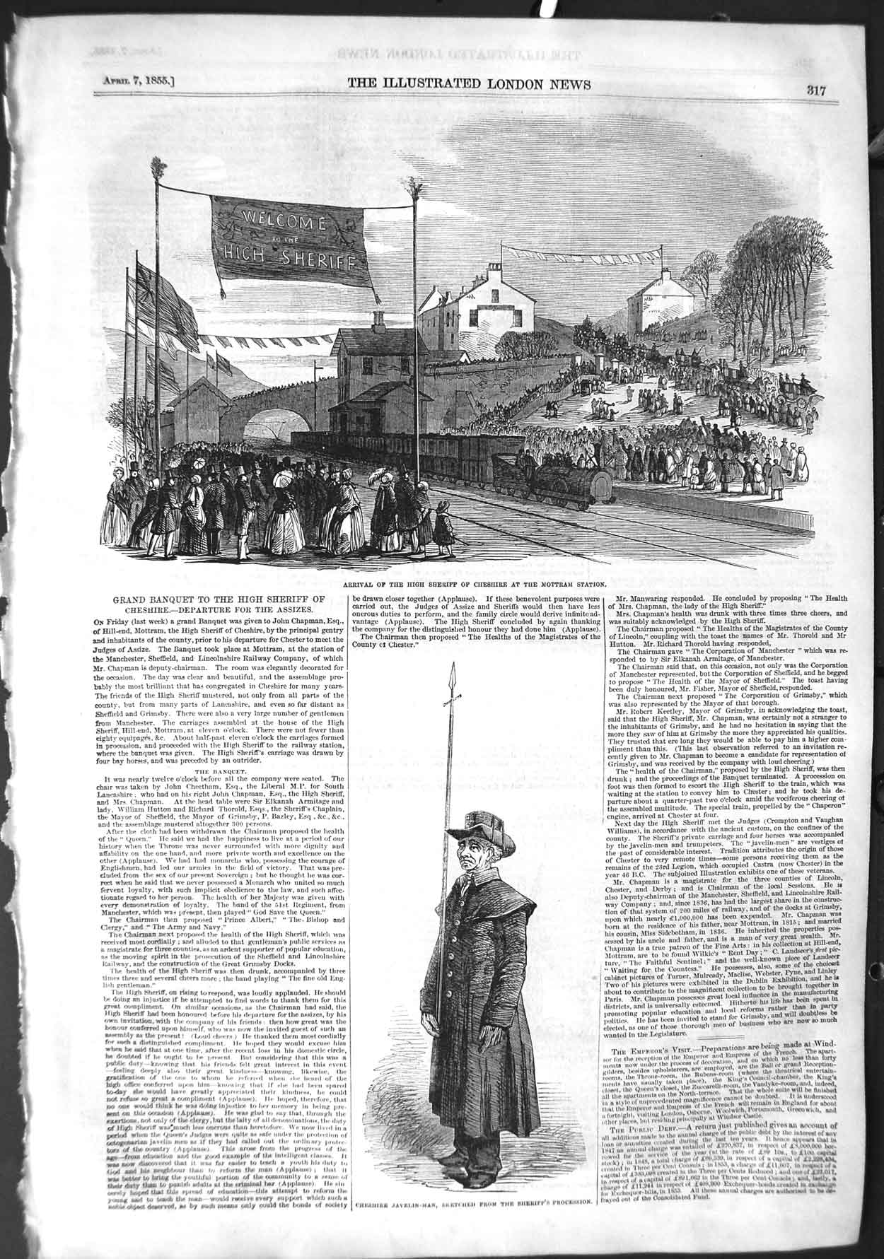 Original Old Antique Print 1855 Sheriff Cheshire Mottram Railway Station 19th