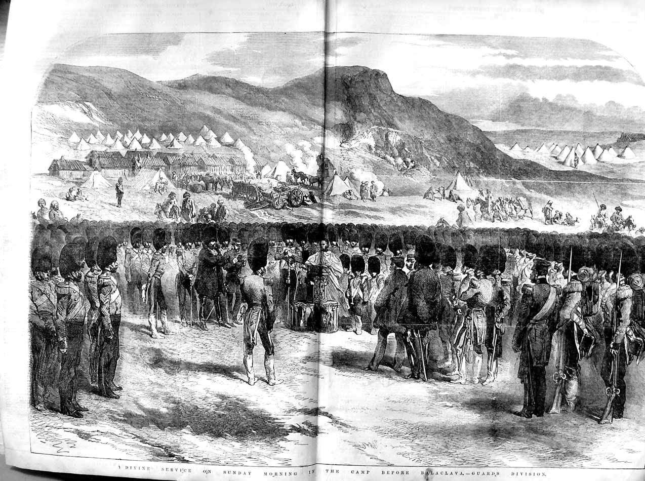 Original Old Antique Print 1855 Sunday Service Camp Balaclava Guards Siers War