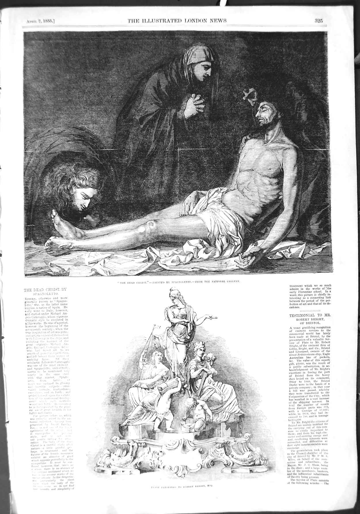 Original Old Antique Print 1855 Plate Robert Bright Spagnoletto Art Dead Christ