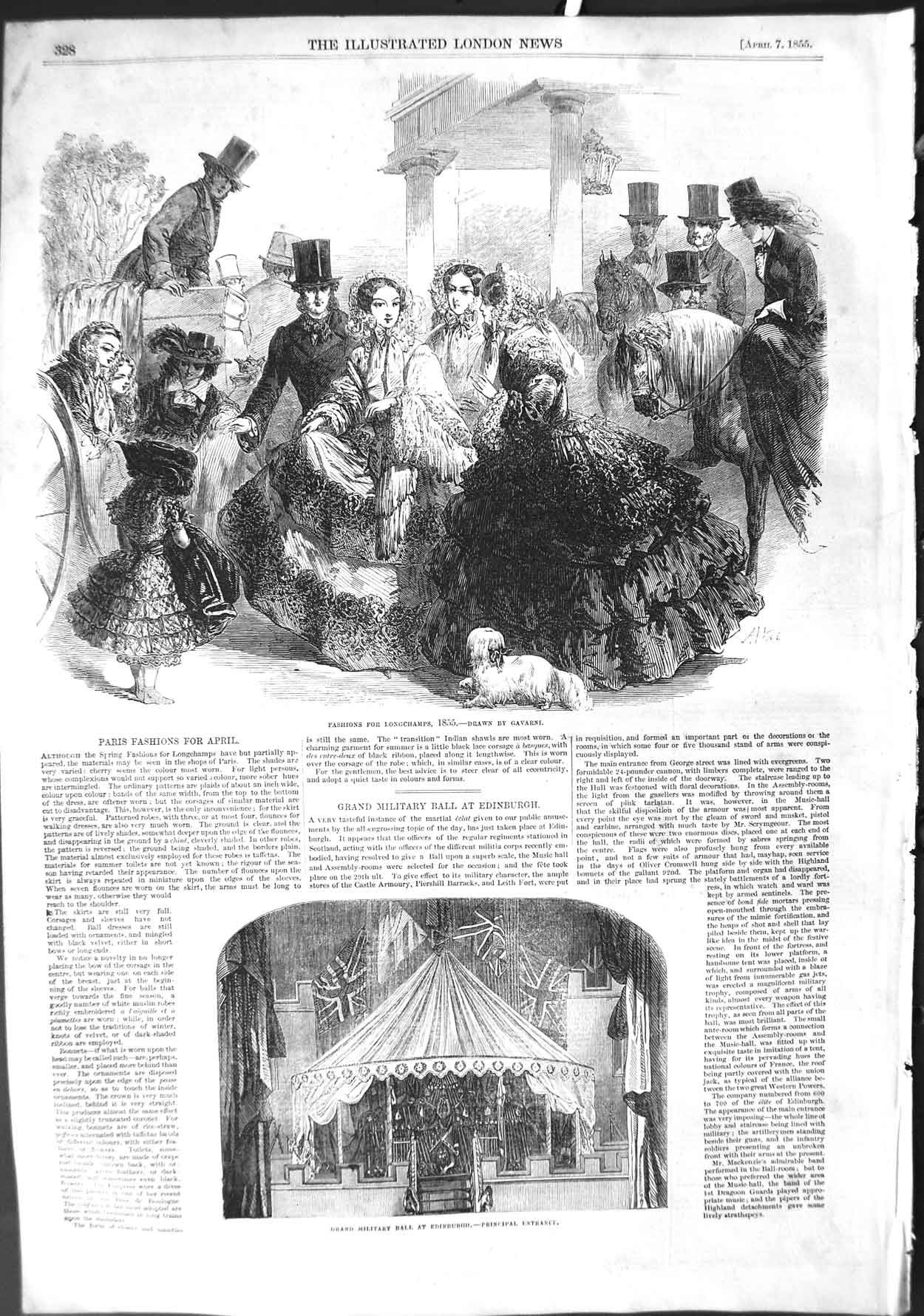 Old Antique Print 1855 Military Ball Edinburgh Fashion Longchamps Paris 19th