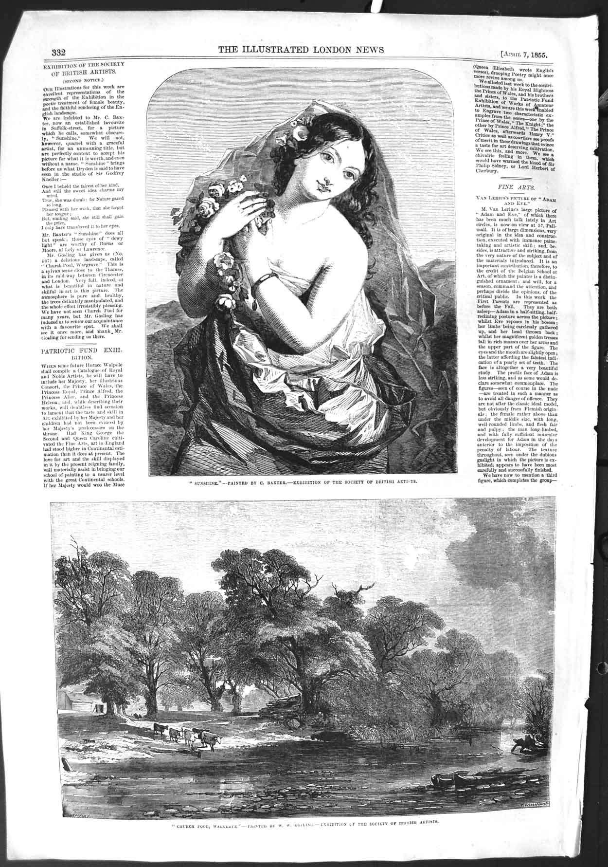 Old Antique Print 1855 Church Pool Wargrave Cattle River Art Lady Woman 19th