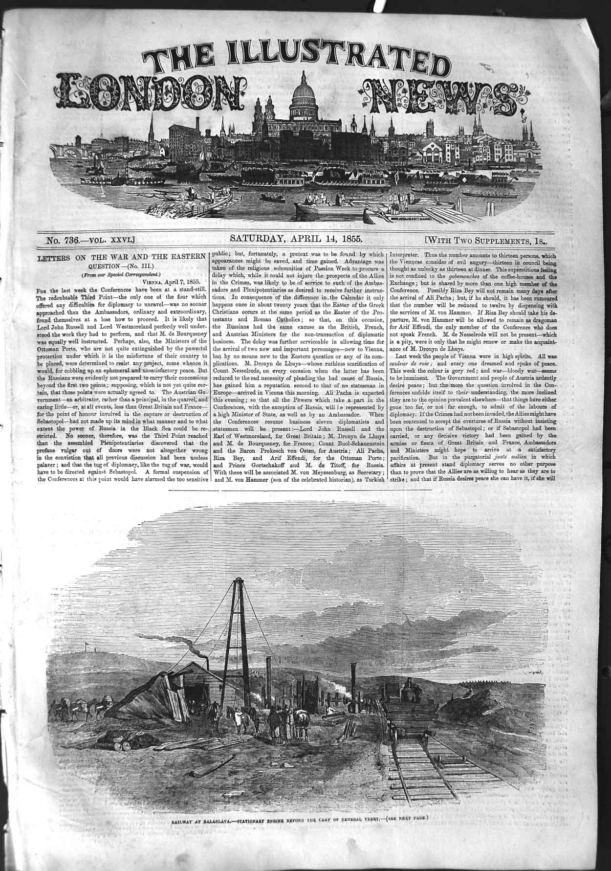 Old Antique Print 1855 Railway Balaclava Stationary Engine General Verey 19th