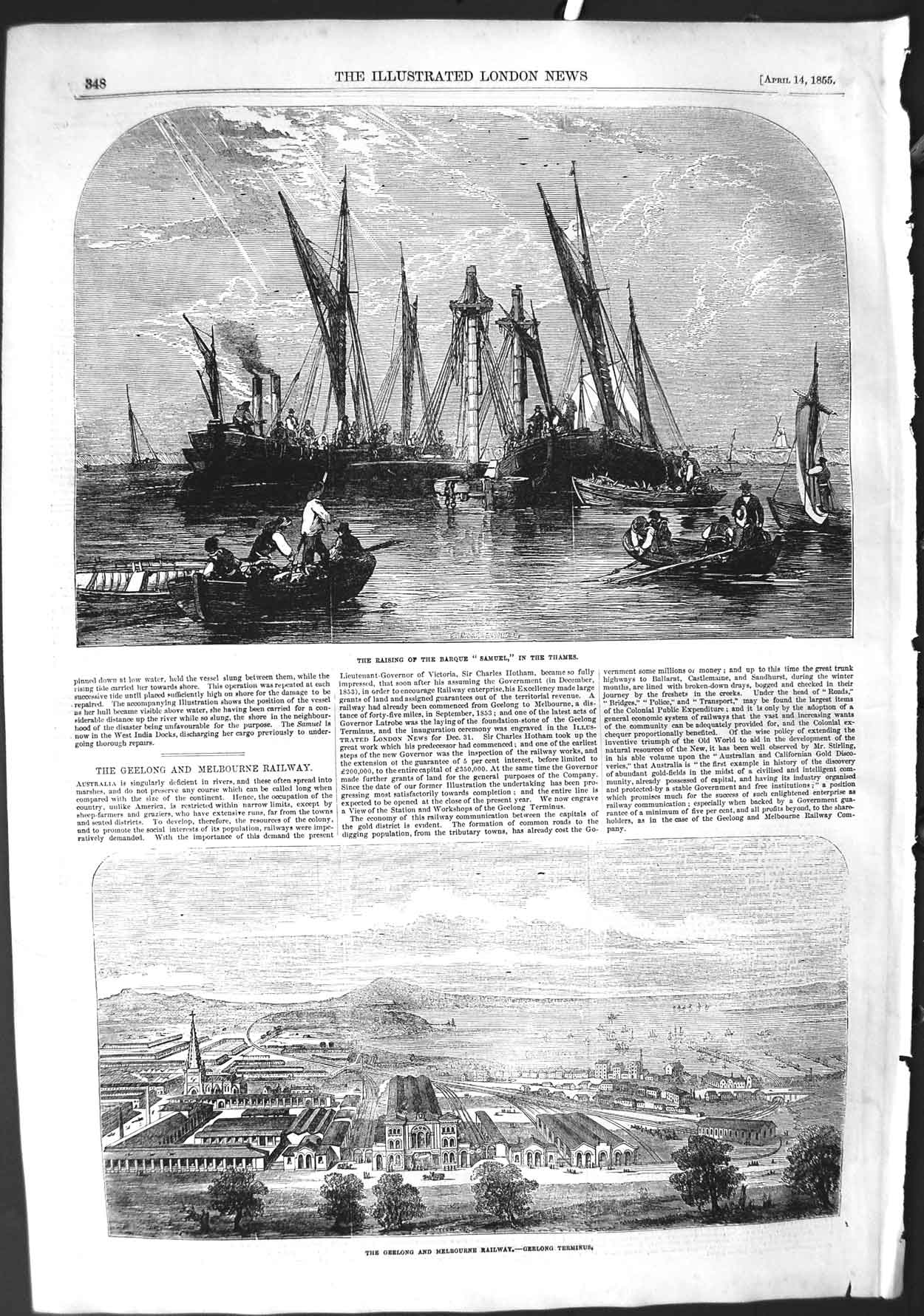 Original Old Antique Print 1855 Raising Barque Ship Samuel Thames Geelong 19th
