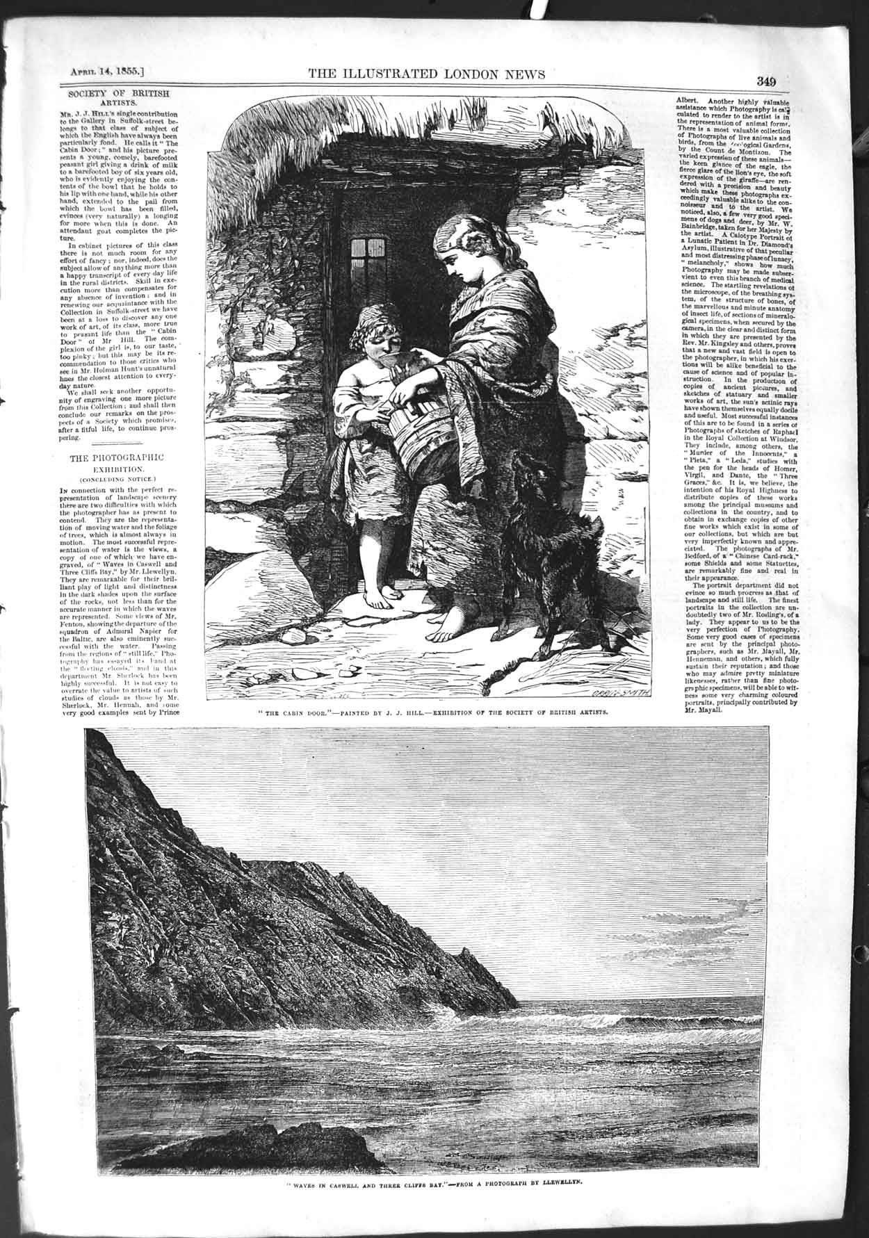 Original Old Antique Print 1855 Sea Waves Caswell Three Cliffs Bay Family Cabin
