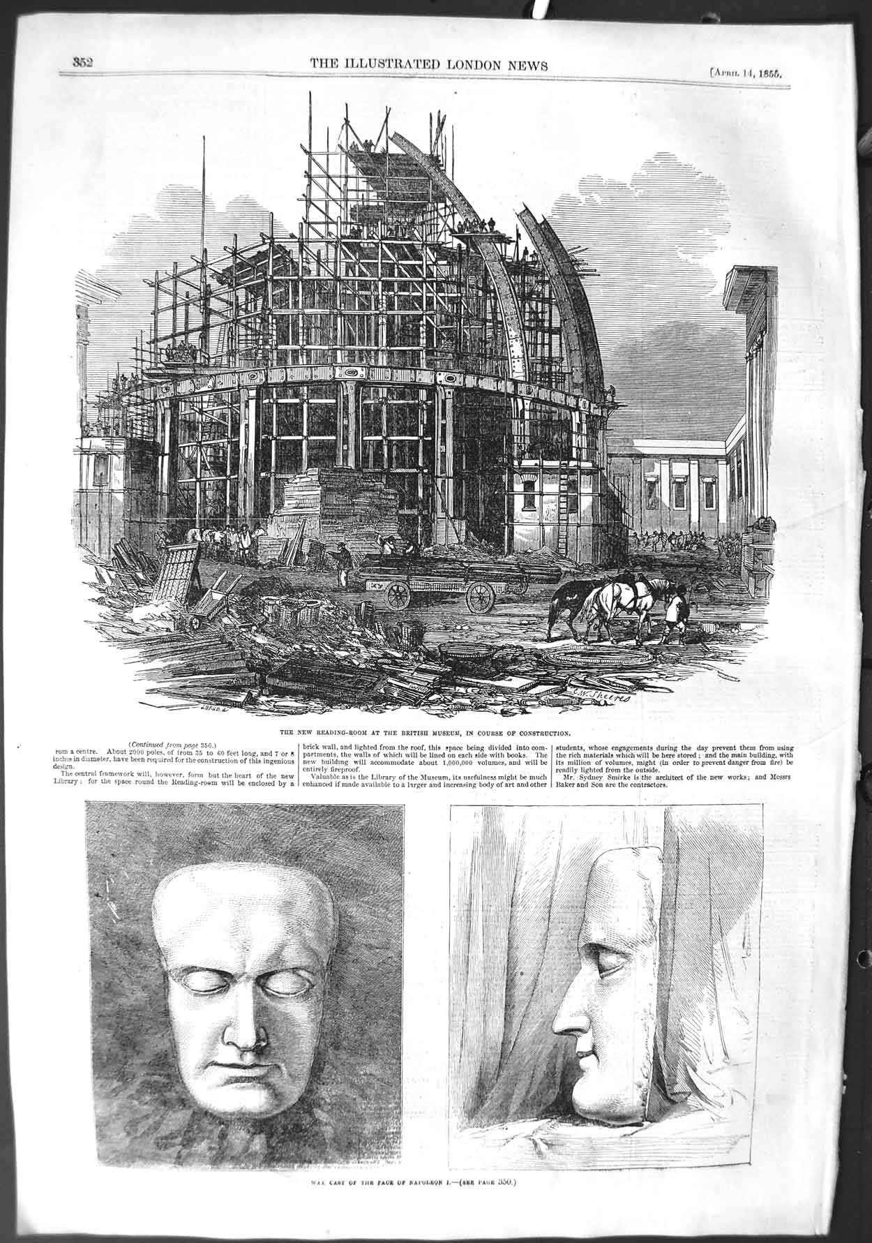 Old Antique Print 1855 Reading-Room British Museum Wax Cast Face Napoleon 19th