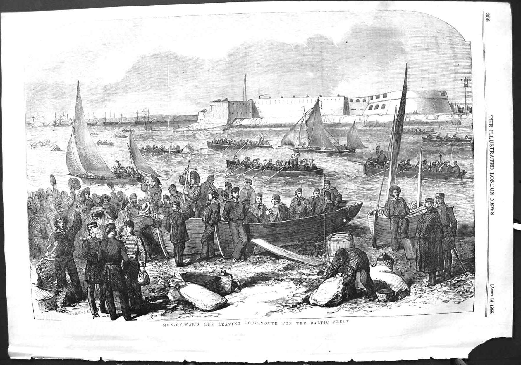 Original Old Antique Print 1855 Men-Of-War Ships Portsouth Baltic Fleet War