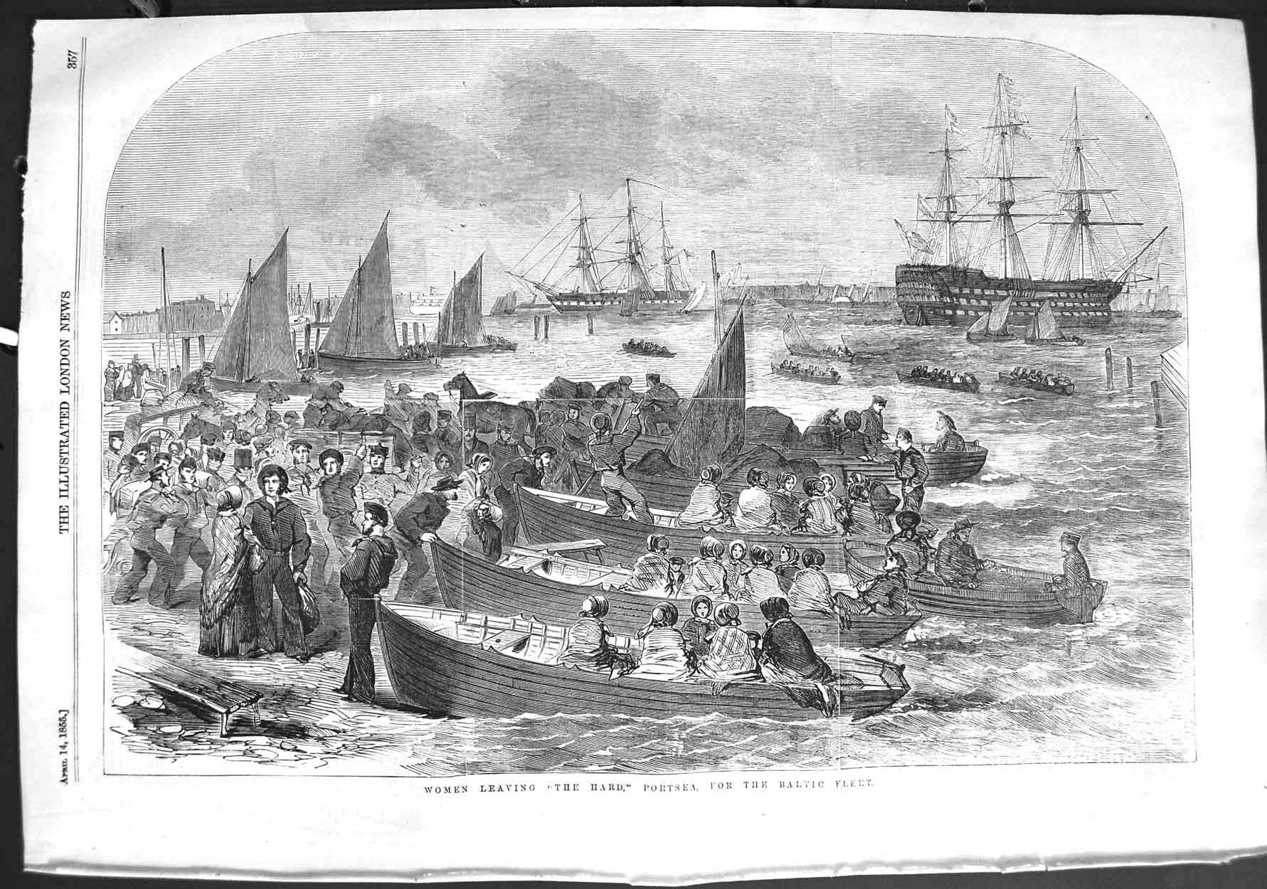 Old Antique Print 1855 Women Leaving Hard Portsea Baltic Fleet Ships War 19th