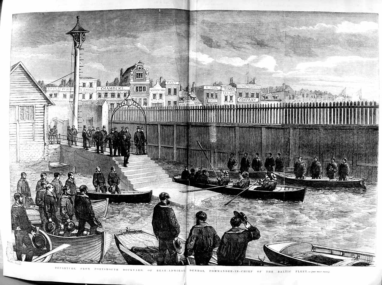 Old Antique Print 1855 Departure Portsmouth Dockyard Dundas Baltic Boats 19th
