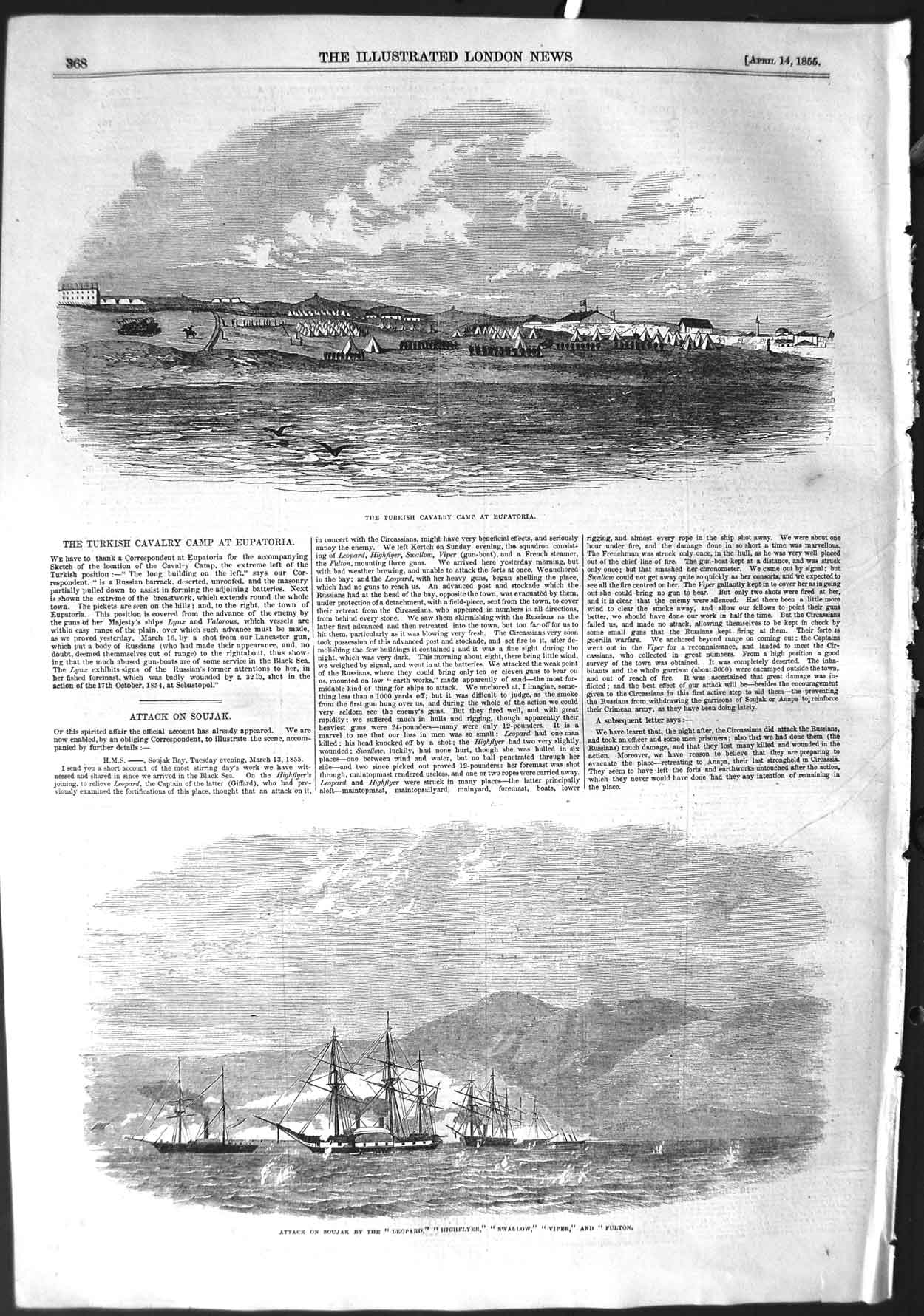 Old Antique Print 1855 Turkish Cavalry Camp Eupatoria Ship Leopard Viper 19th