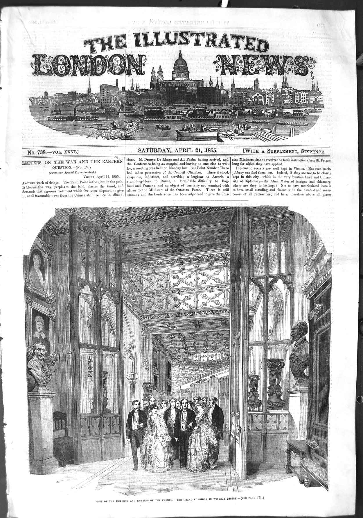 Original Old Antique Print 1855 Emperor France Windsor Castle London England