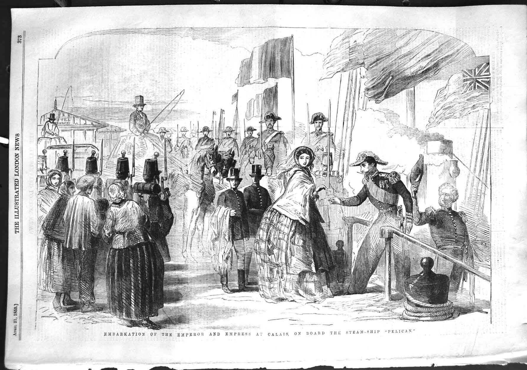 Old Antique Print 1855 Steam-Ship Pelican Emperor Empress Calais France 19th