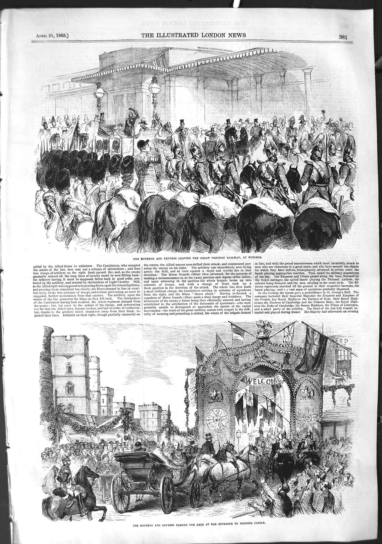 Original Old Antique Print 1855 Emperor Western Railway Windsor Castle Horses