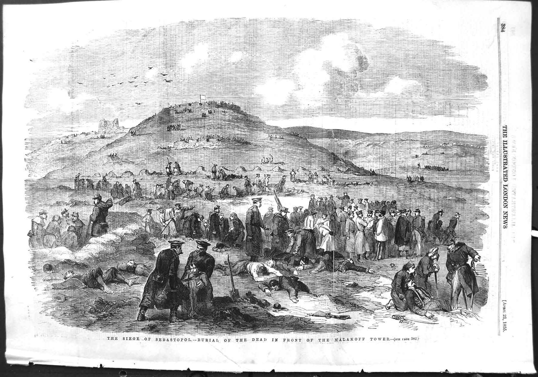 Antique Old Print *3192 1855 Siege Sebastopol Burial Dead Malakoff Tower War