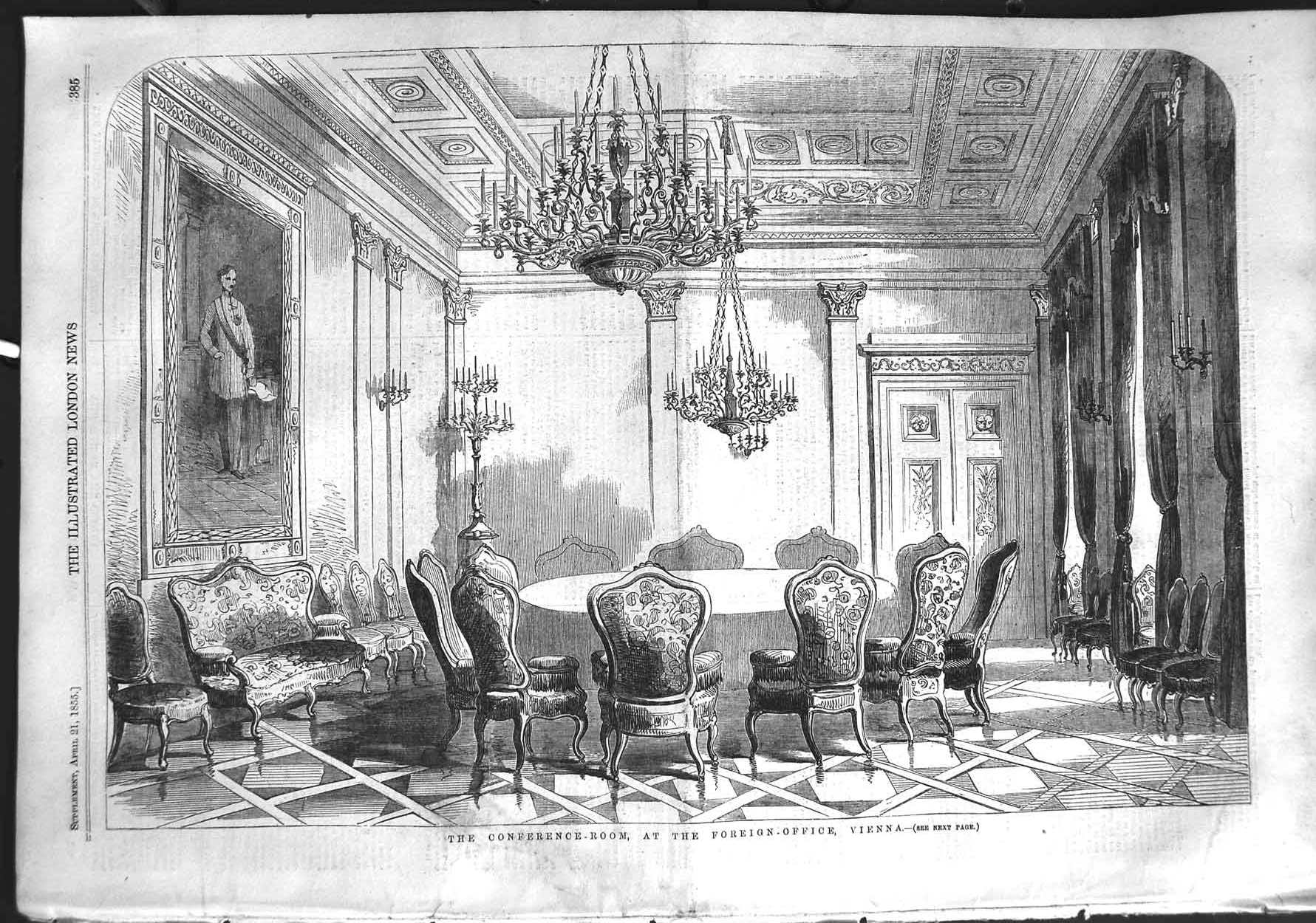 Old Antique Print 1855 Conference Roo Foreign Office Vienna Table Chairs 19th