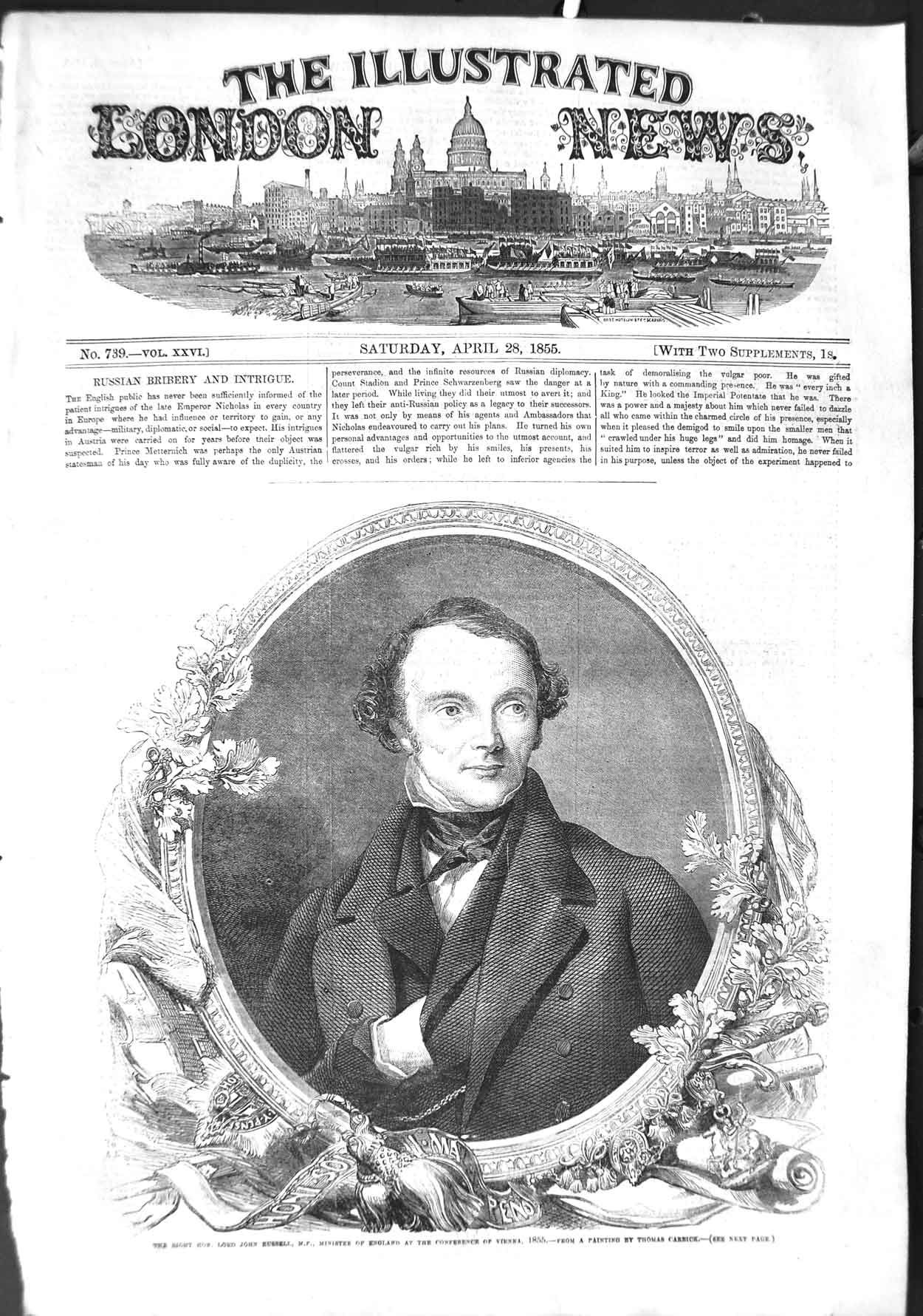 Original Old Antique Print 1855 Lord John Russell M.P. Minister England 19th