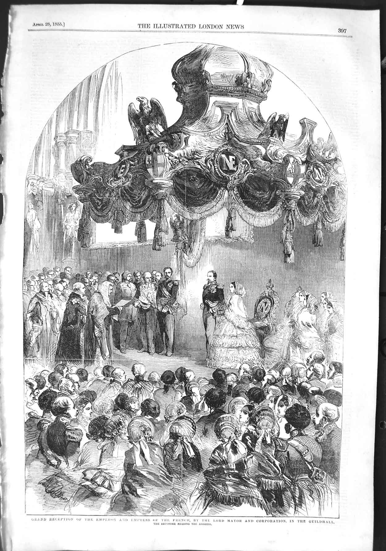 Original Old Antique Print 1855 Emperor French Lord Mayor Corporation Guildhall