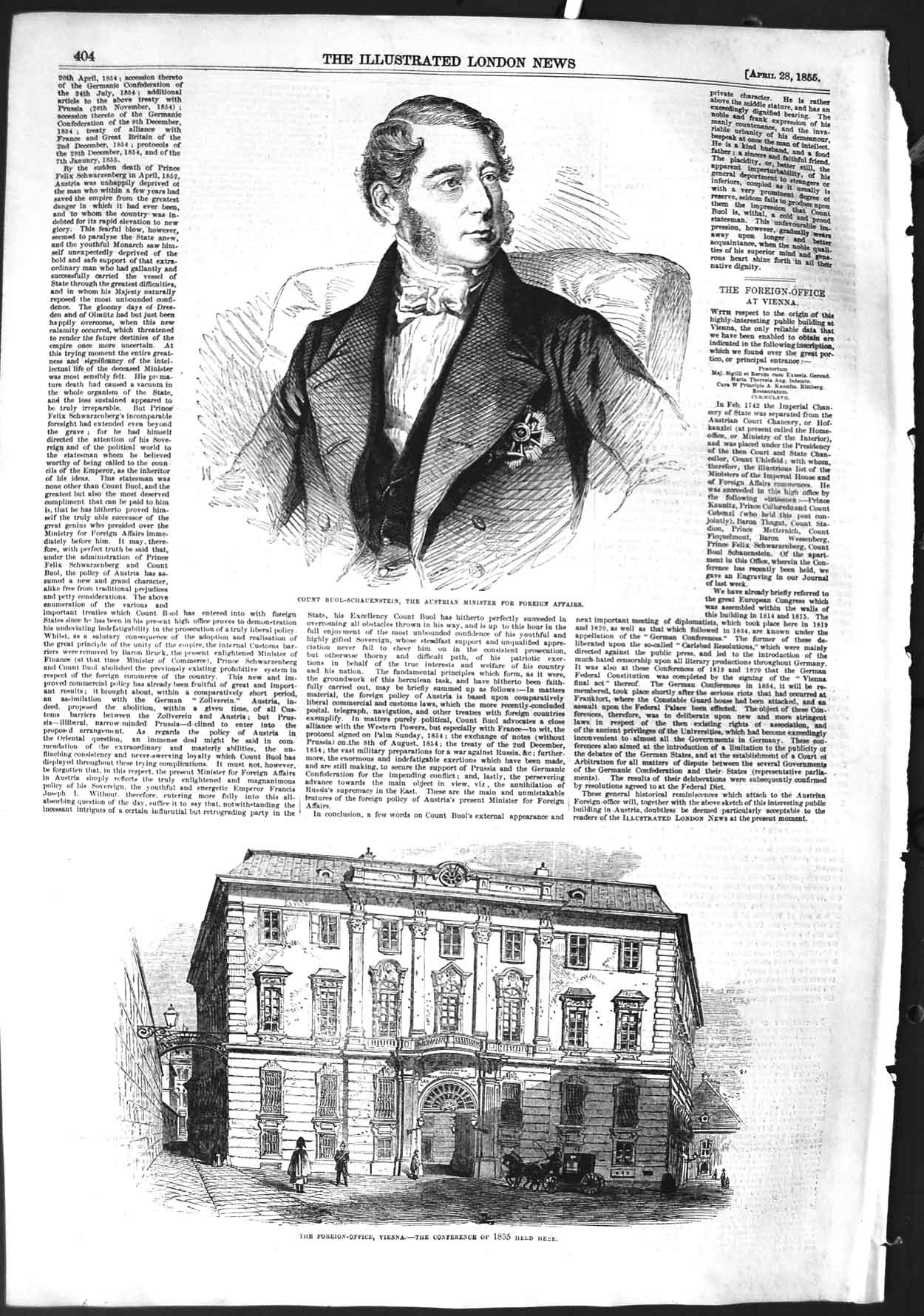 Original Old Antique Print 1855 Foreign Office Vienna Count Buol-Schauenstein