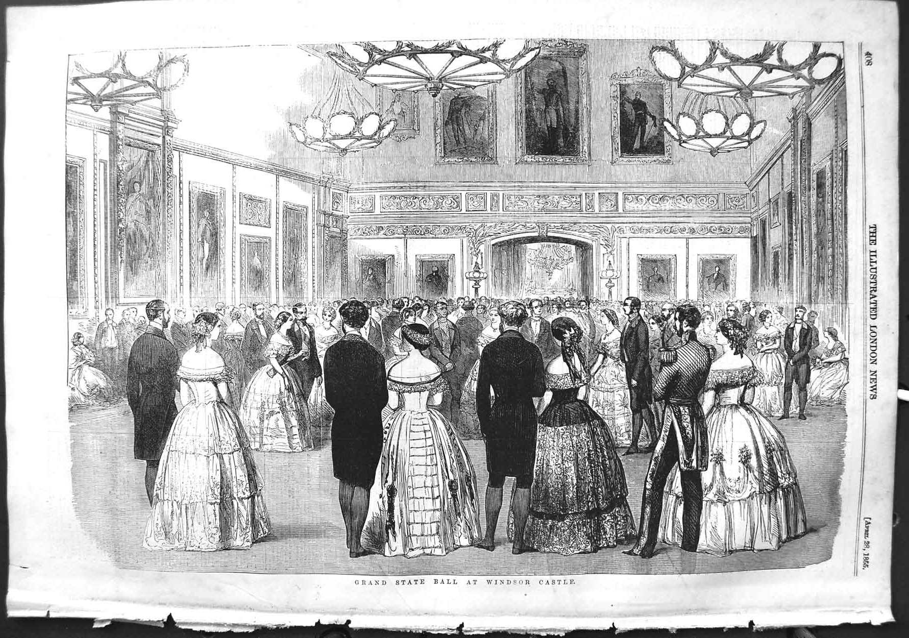 Original Old Antique Print 1855 Grand State Ball Windsor Castle London Dancing