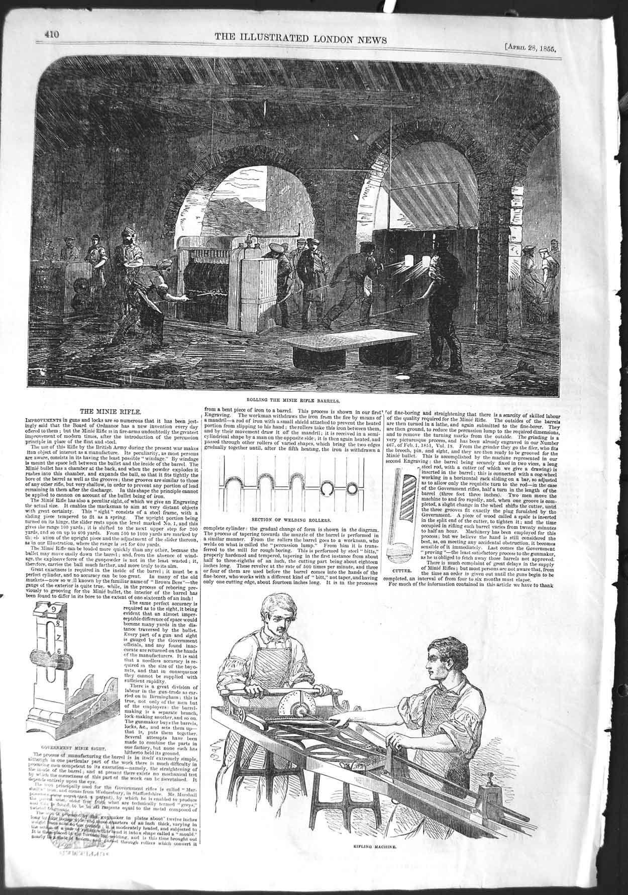 Original Old Antique Print 1855 Minie Rifle Barrels Rifling Machine Gov 19th