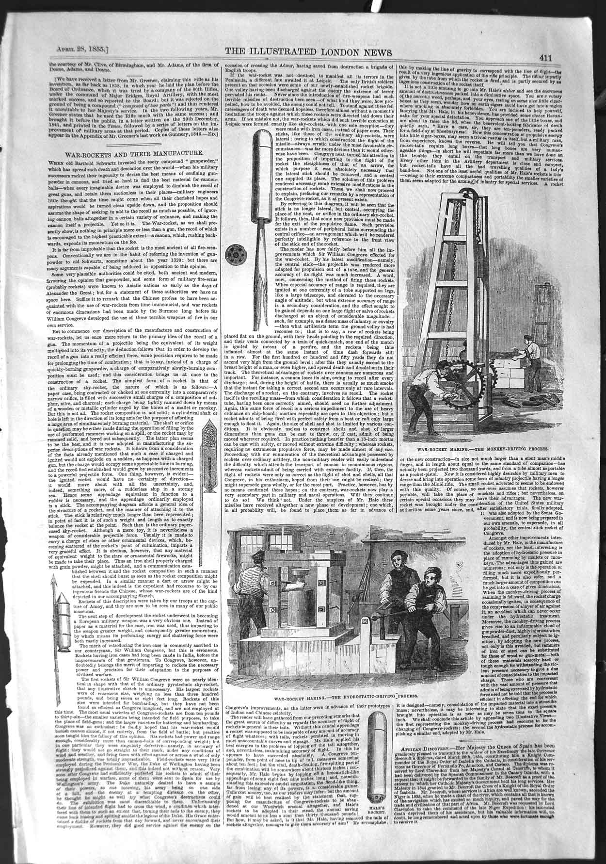 Original Old Antique Print 1855 War Rocket Making Hydrostatic Process S 19th